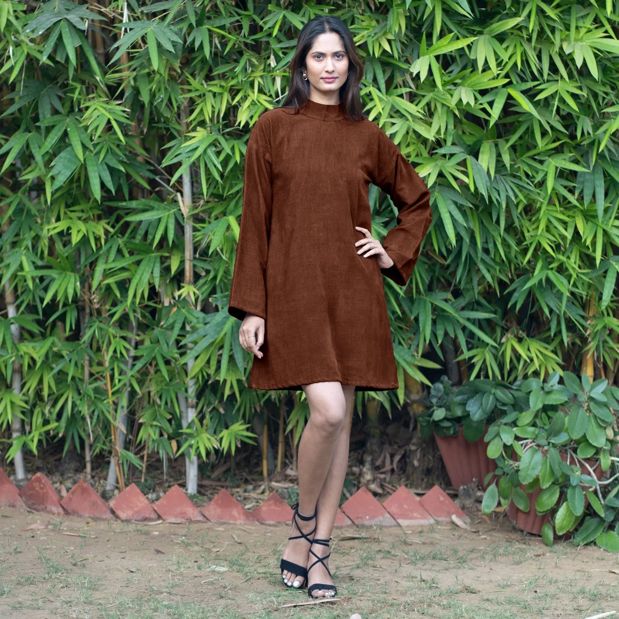 Brown Warm Cotton Corduroy A-Line Short Dress