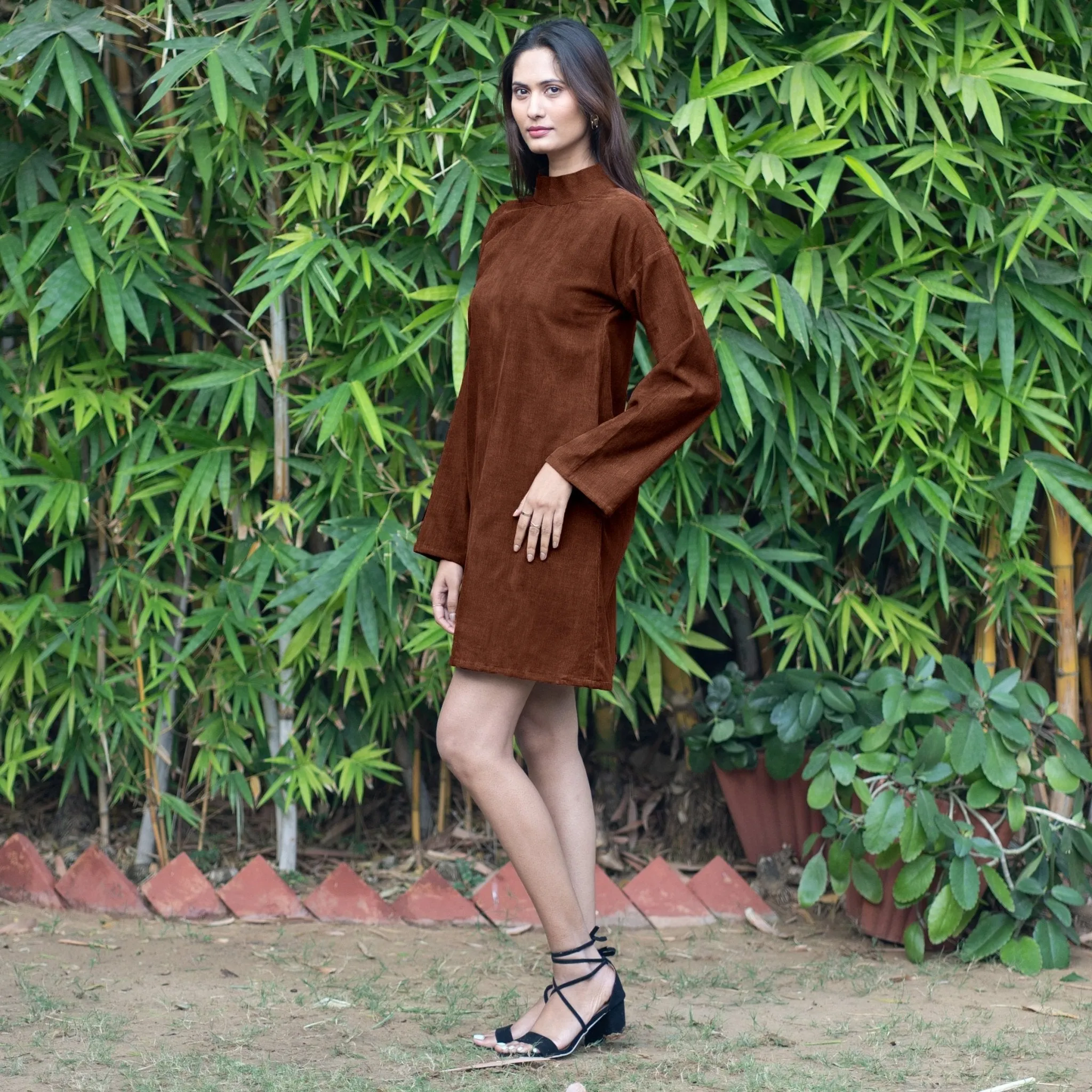 Brown Warm Cotton Corduroy A-Line Short Dress