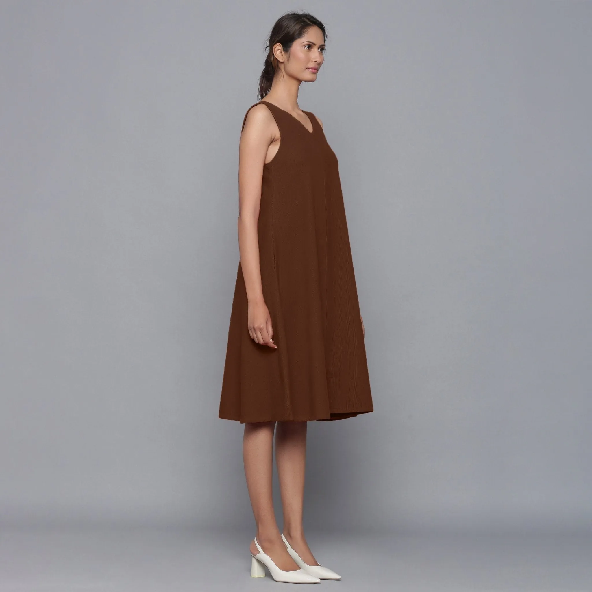 Brown Warm Cotton Corduroy Knee Length Flared Dress