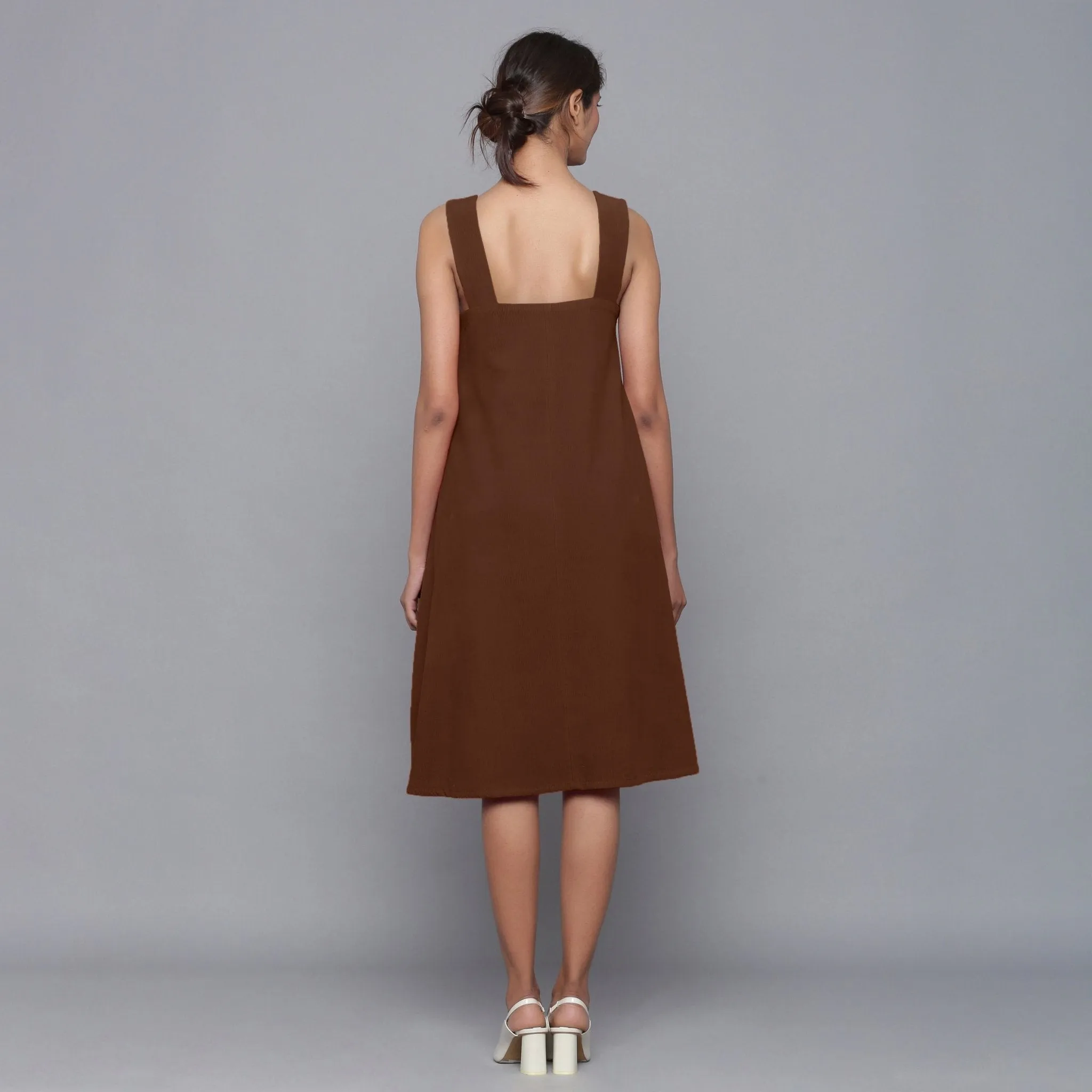 Brown Warm Cotton Corduroy Knee Length Flared Dress