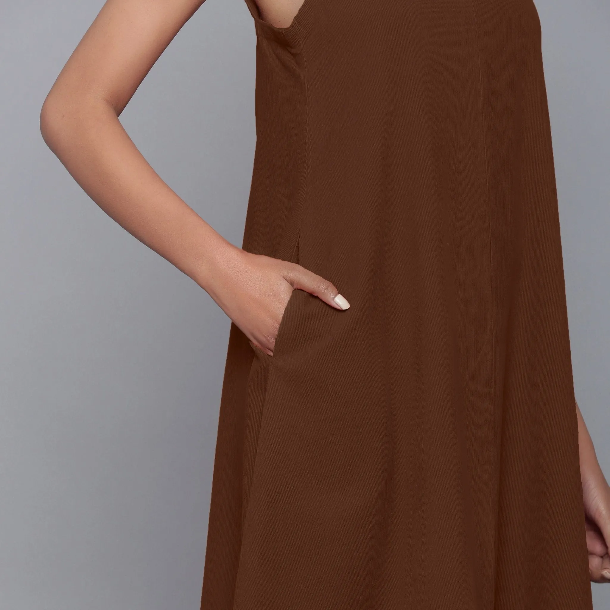 Brown Warm Cotton Corduroy Knee Length Flared Dress