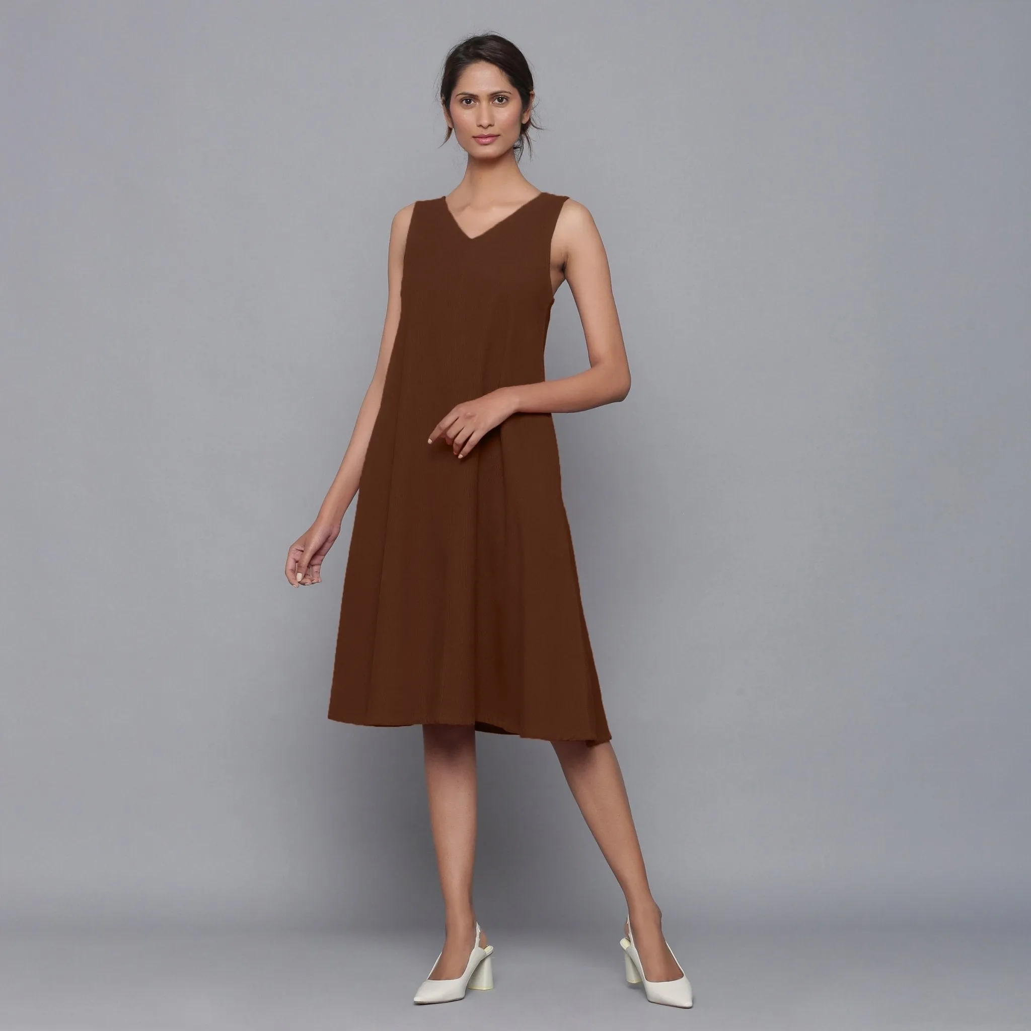 Brown Warm Cotton Corduroy Knee Length Flared Dress