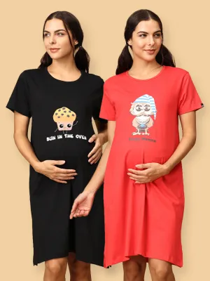 Combo Of Sleepy Mumma & Bun In The Oven Maternity T-Shirt Dress