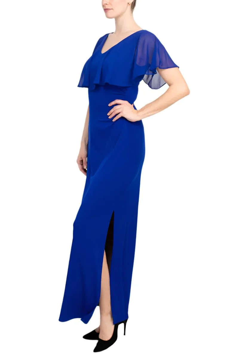 Connected Apparel V-neck Flutter Chiffon Sleeve Solid Column Matte Jersey Gown