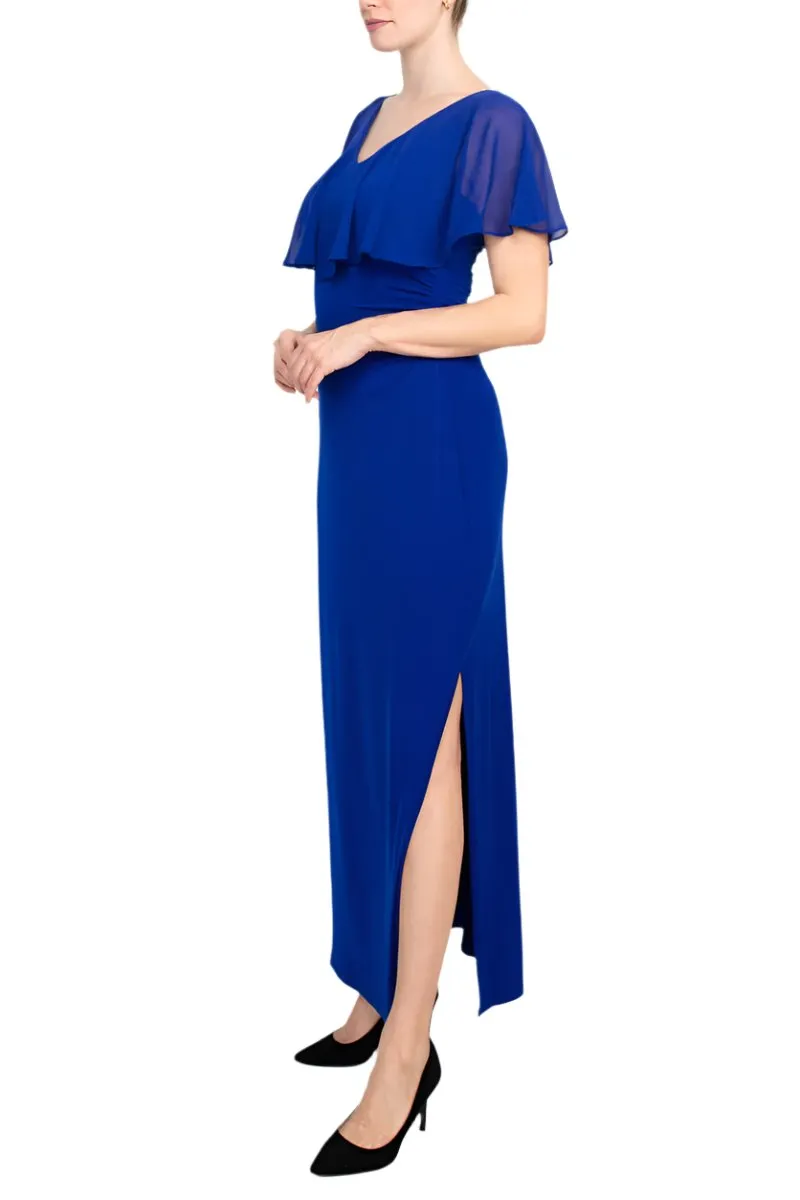 Connected Apparel V-neck Flutter Chiffon Sleeve Solid Column Matte Jersey Gown