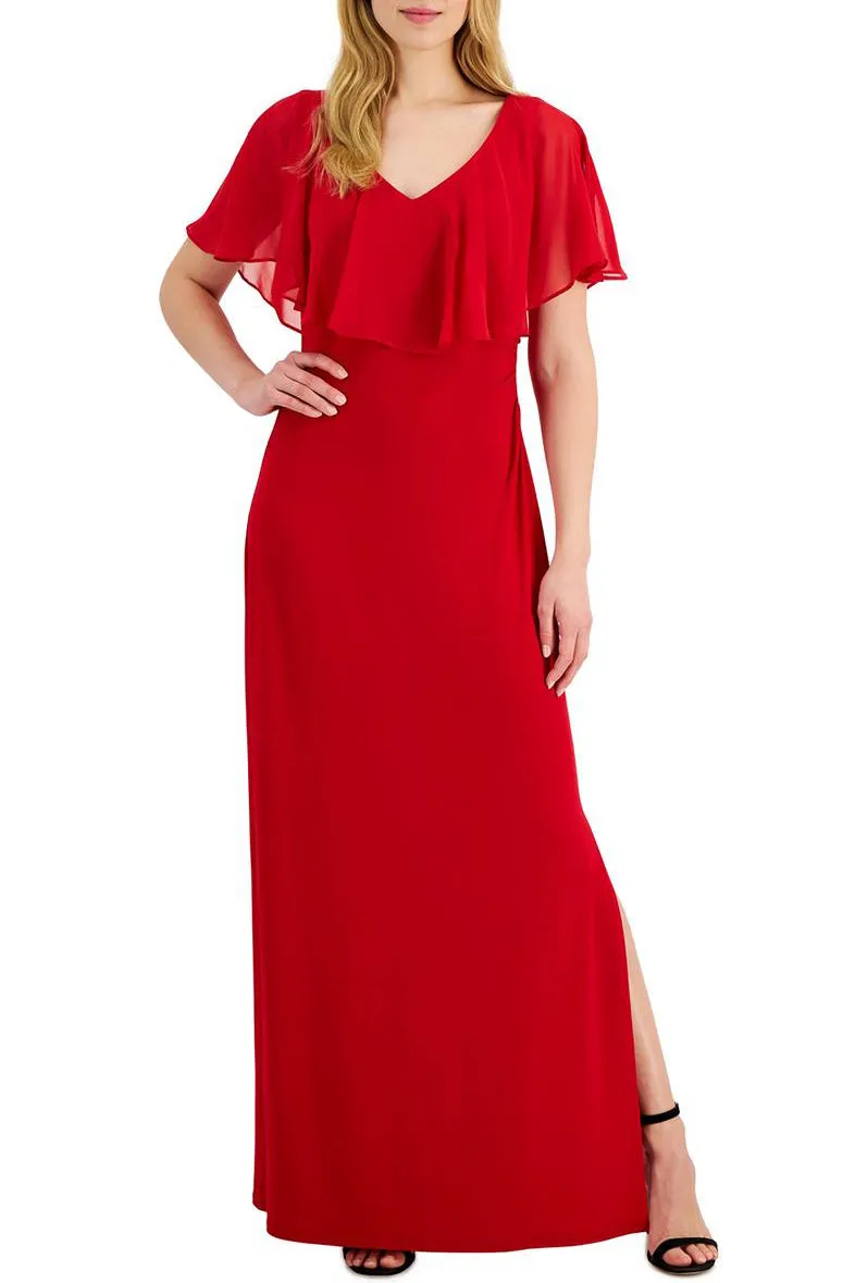 Connected Apparel V-neck Flutter Chiffon Sleeve Solid Column Matte Jersey Gown