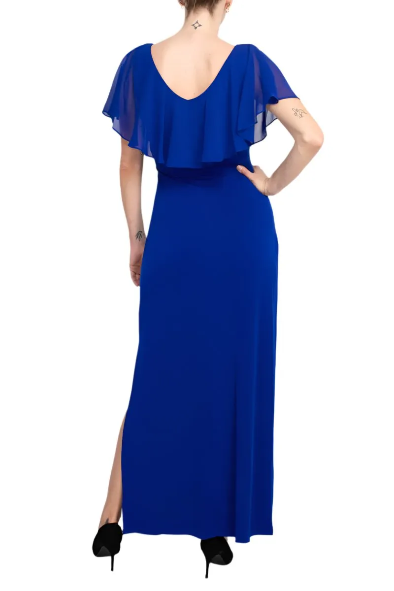 Connected Apparel V-neck Flutter Chiffon Sleeve Solid Column Matte Jersey Gown