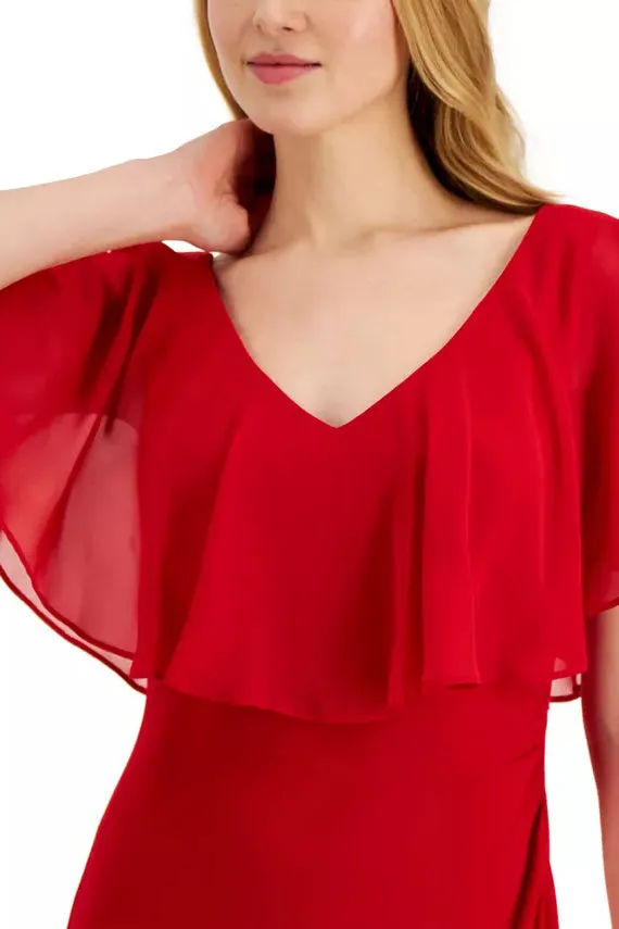 Connected Apparel V-neck Flutter Chiffon Sleeve Solid Column Matte Jersey Gown