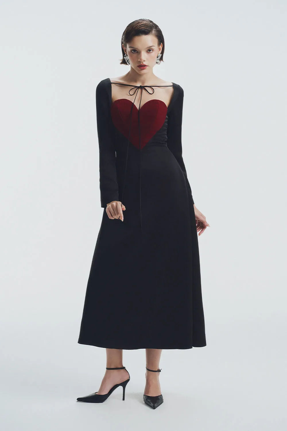 Crimson A-line Heart Neck Velvet Midi Dress