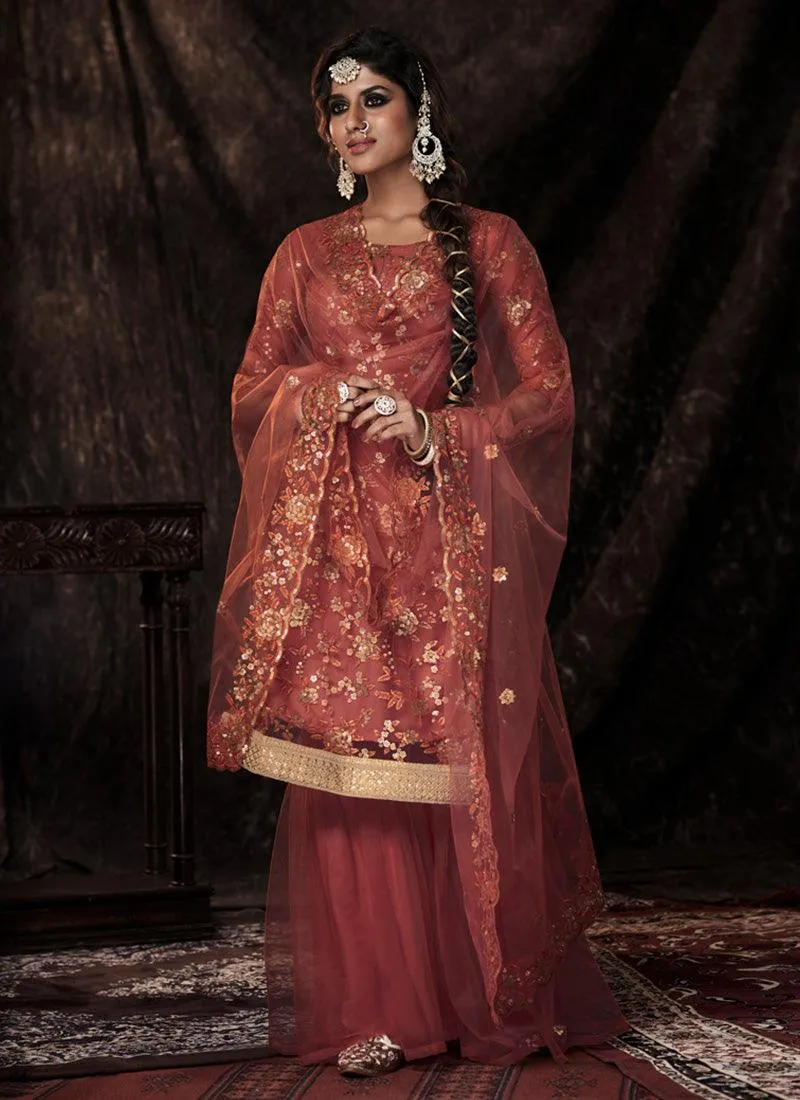 Dark Orange Color Soft Net Base Festive Wear Sharara Suit With Sequins Work