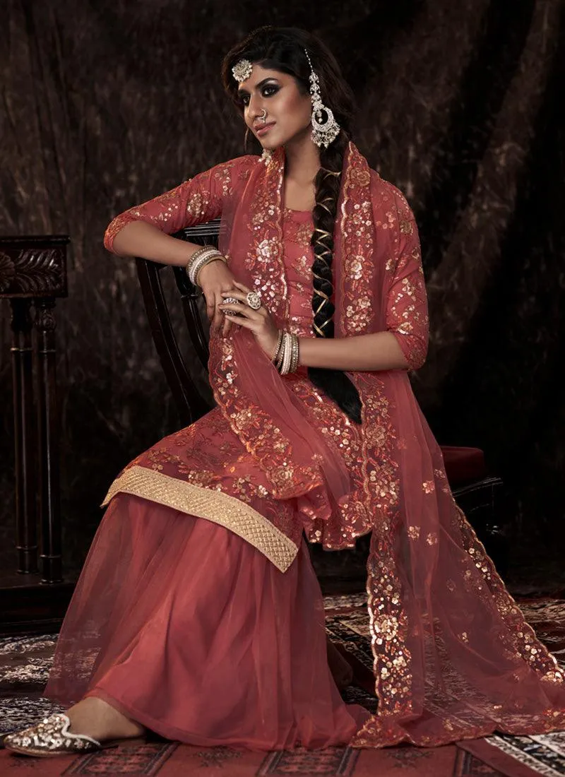 Dark Orange Color Soft Net Base Festive Wear Sharara Suit With Sequins Work