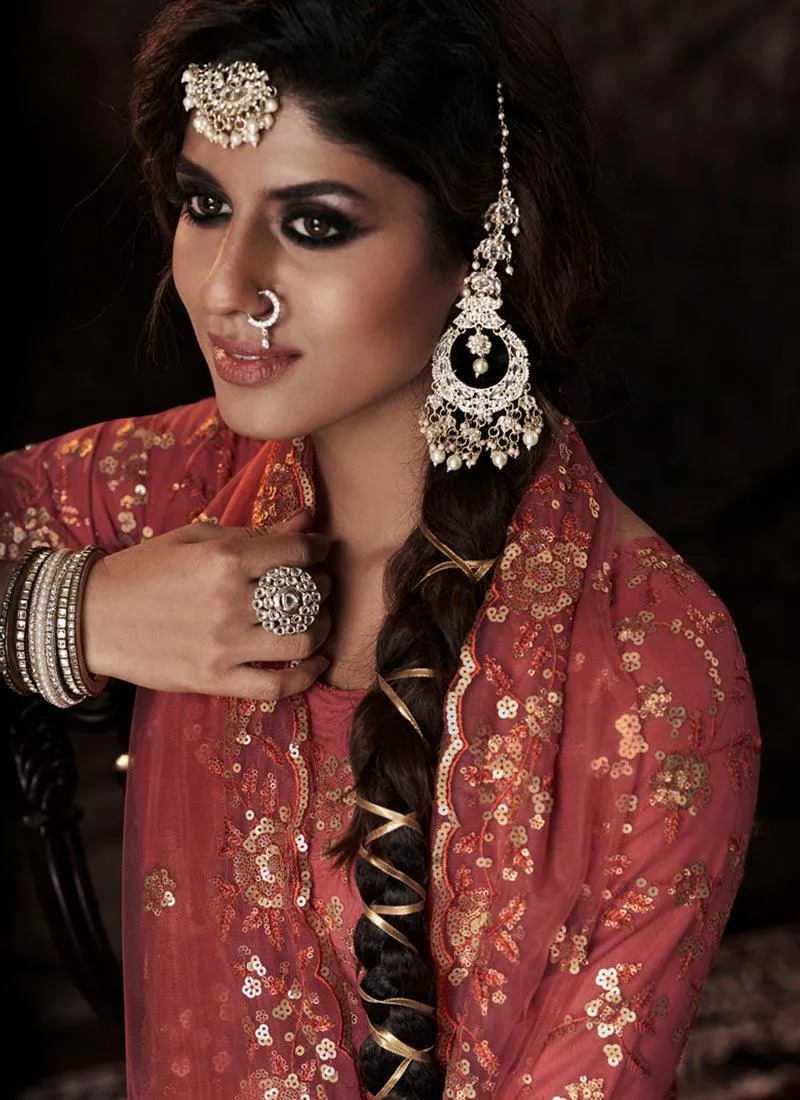 Dark Orange Color Soft Net Base Festive Wear Sharara Suit With Sequins Work