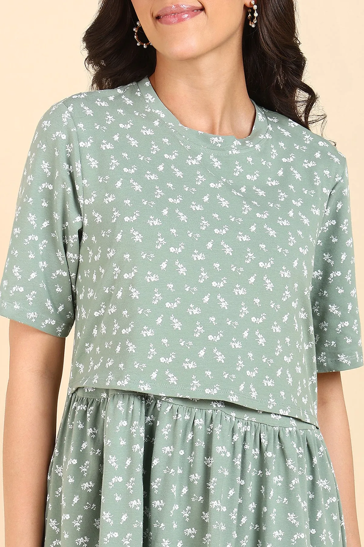 Dark Sea Green Floral Printed Maternity Zipless Feeding Dress