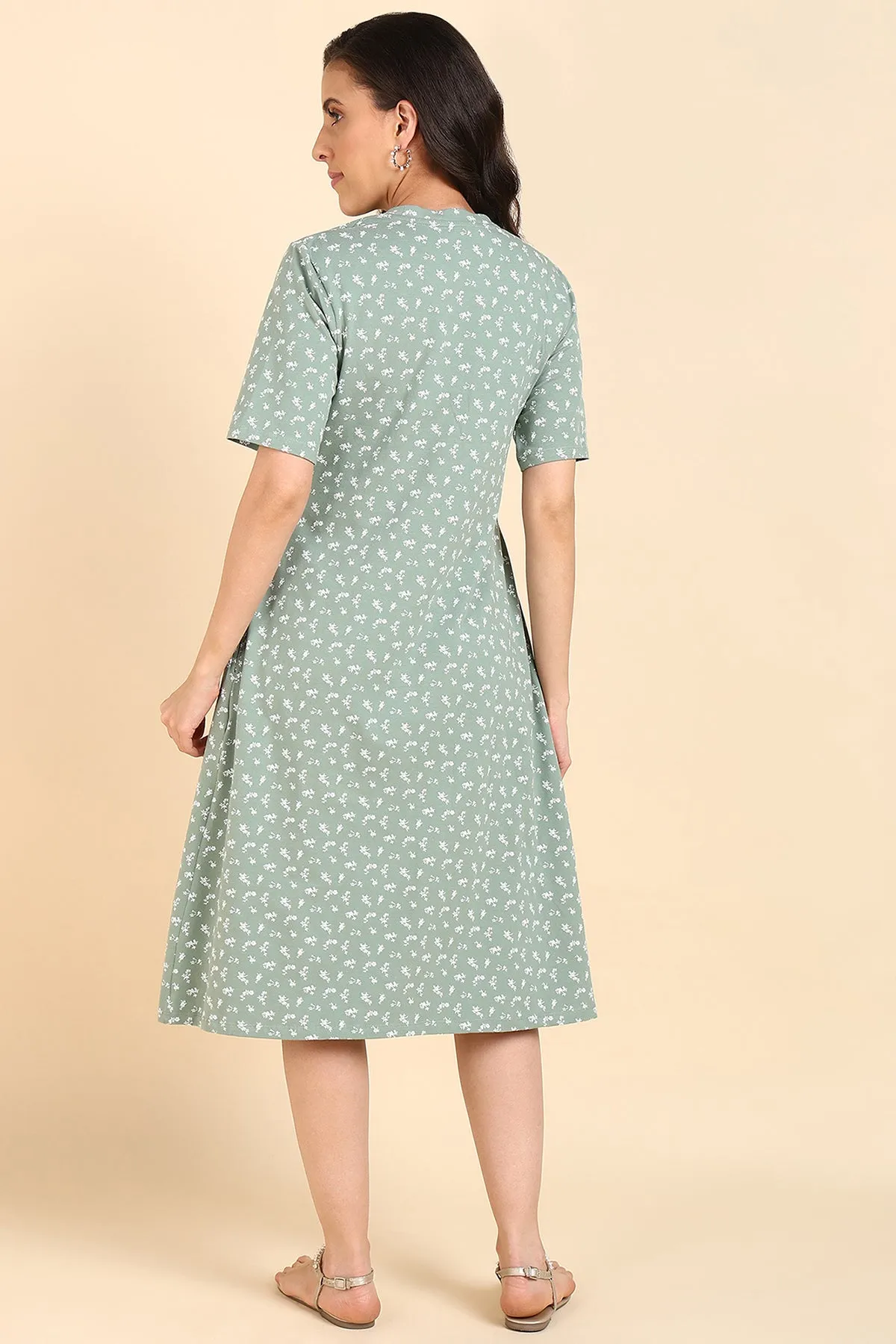 Dark Sea Green Floral Printed Maternity Zipless Feeding Dress