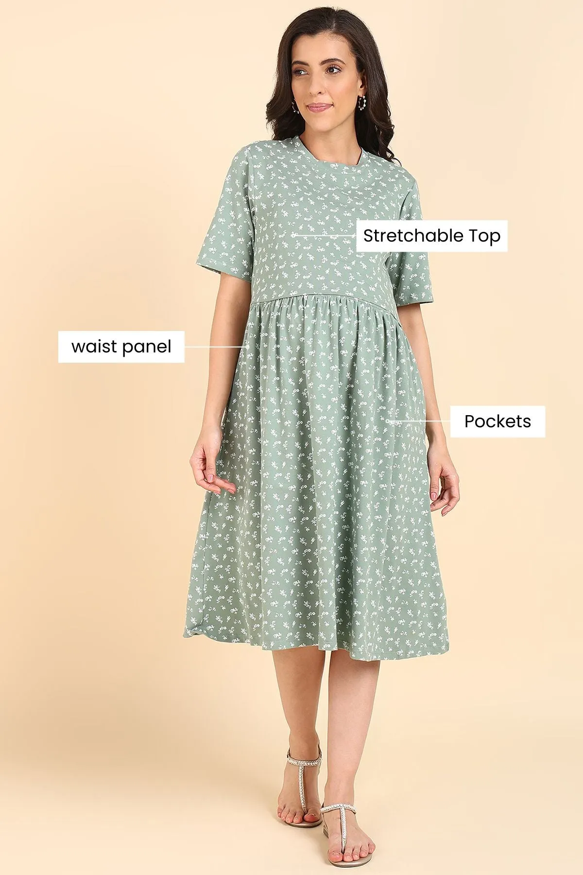 Dark Sea Green Floral Printed Maternity Zipless Feeding Dress