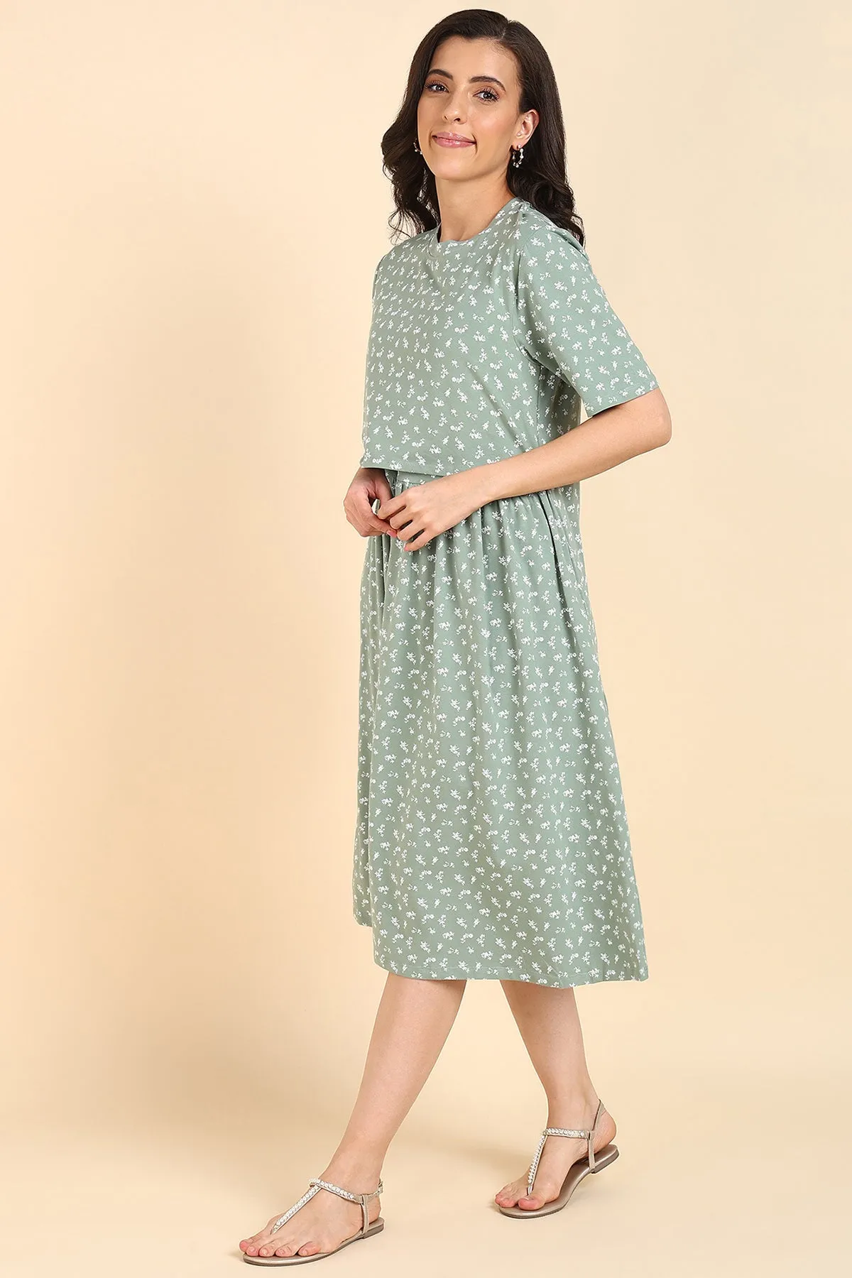 Dark Sea Green Floral Printed Maternity Zipless Feeding Dress