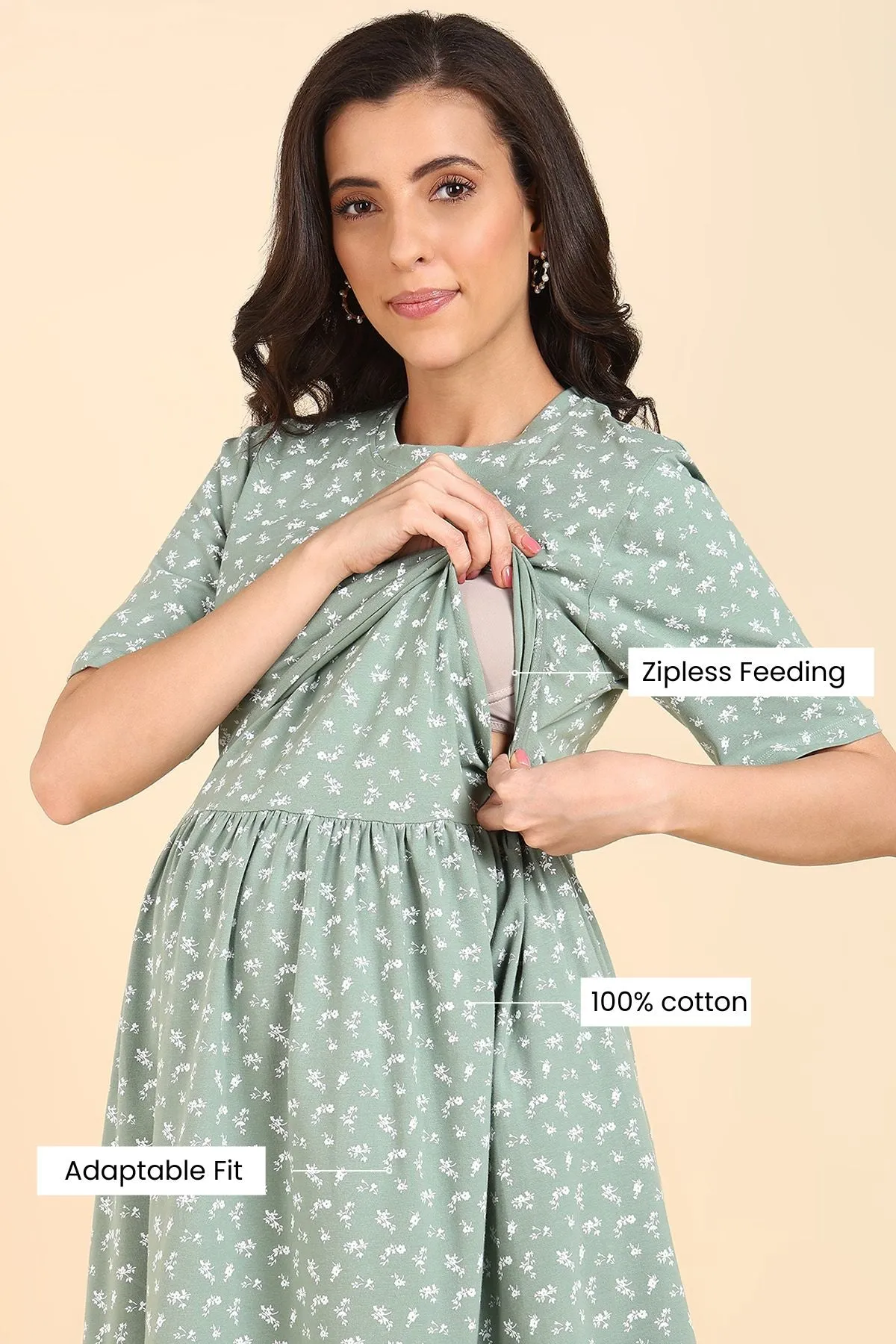 Dark Sea Green Floral Printed Maternity Zipless Feeding Dress