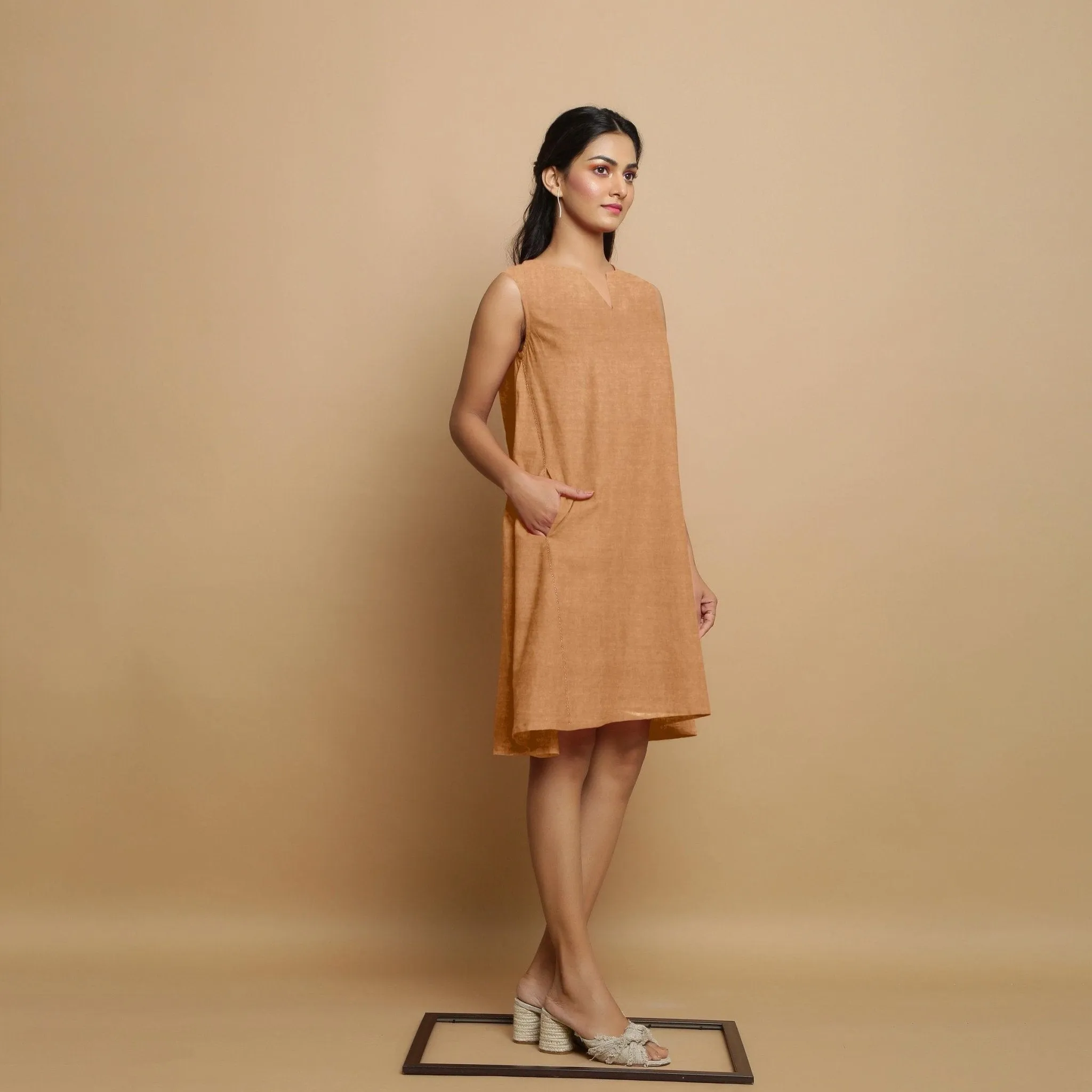 Desert Yellow Linen Embroidered Knee-Length Godet Dress