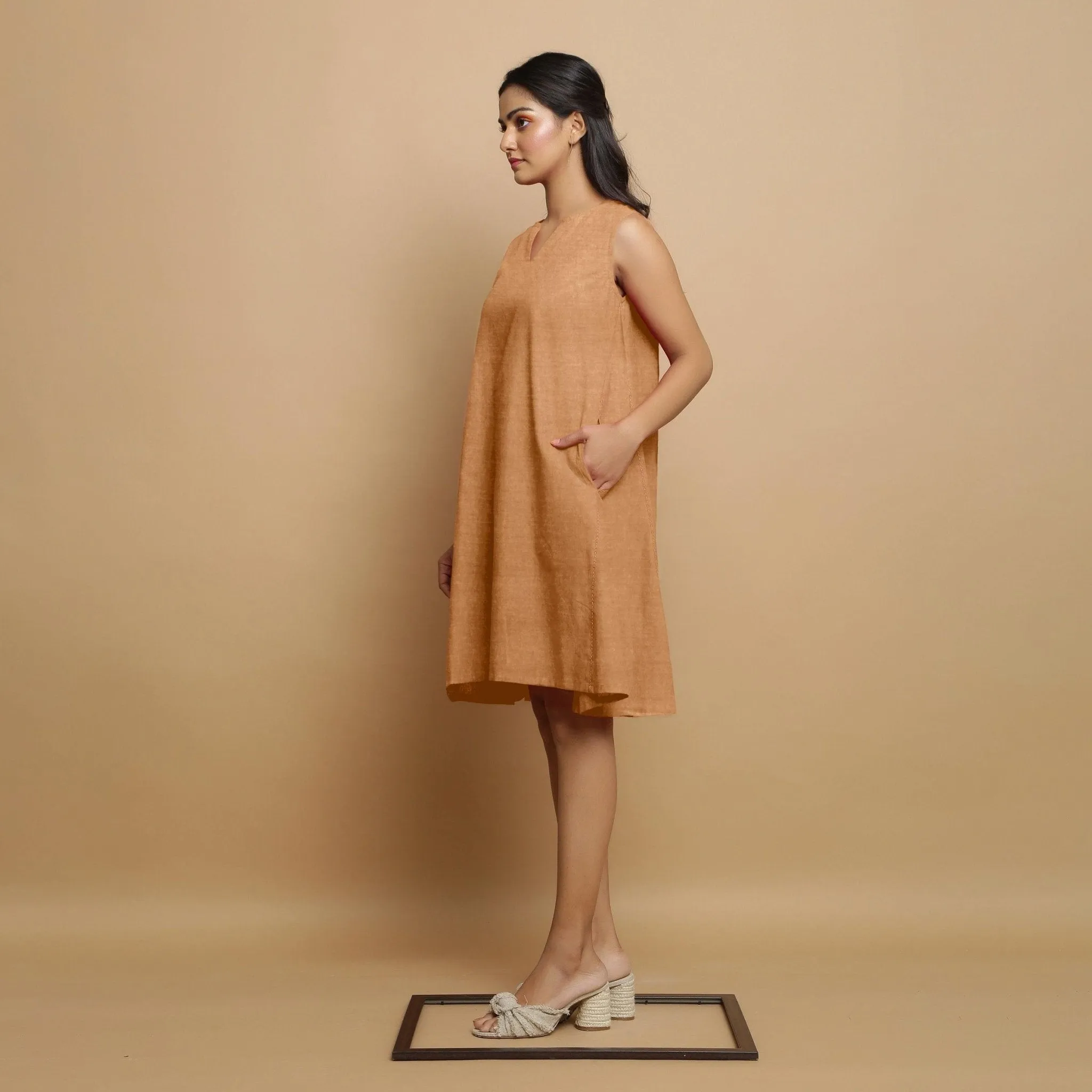 Desert Yellow Linen Embroidered Knee-Length Godet Dress