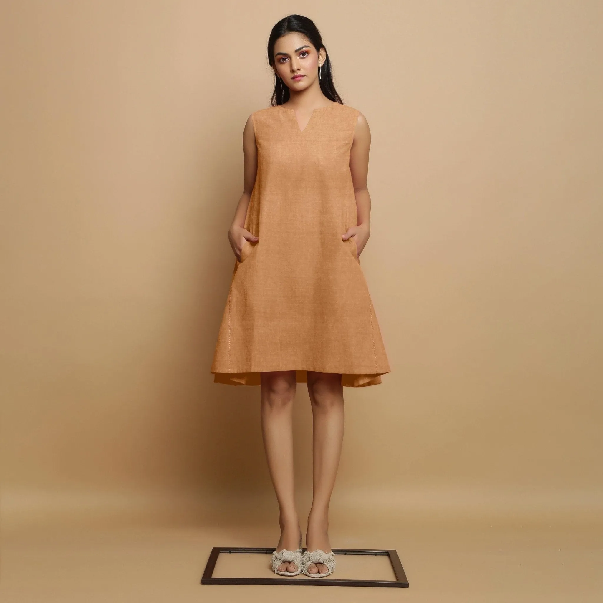 Desert Yellow Linen Embroidered Knee-Length Godet Dress