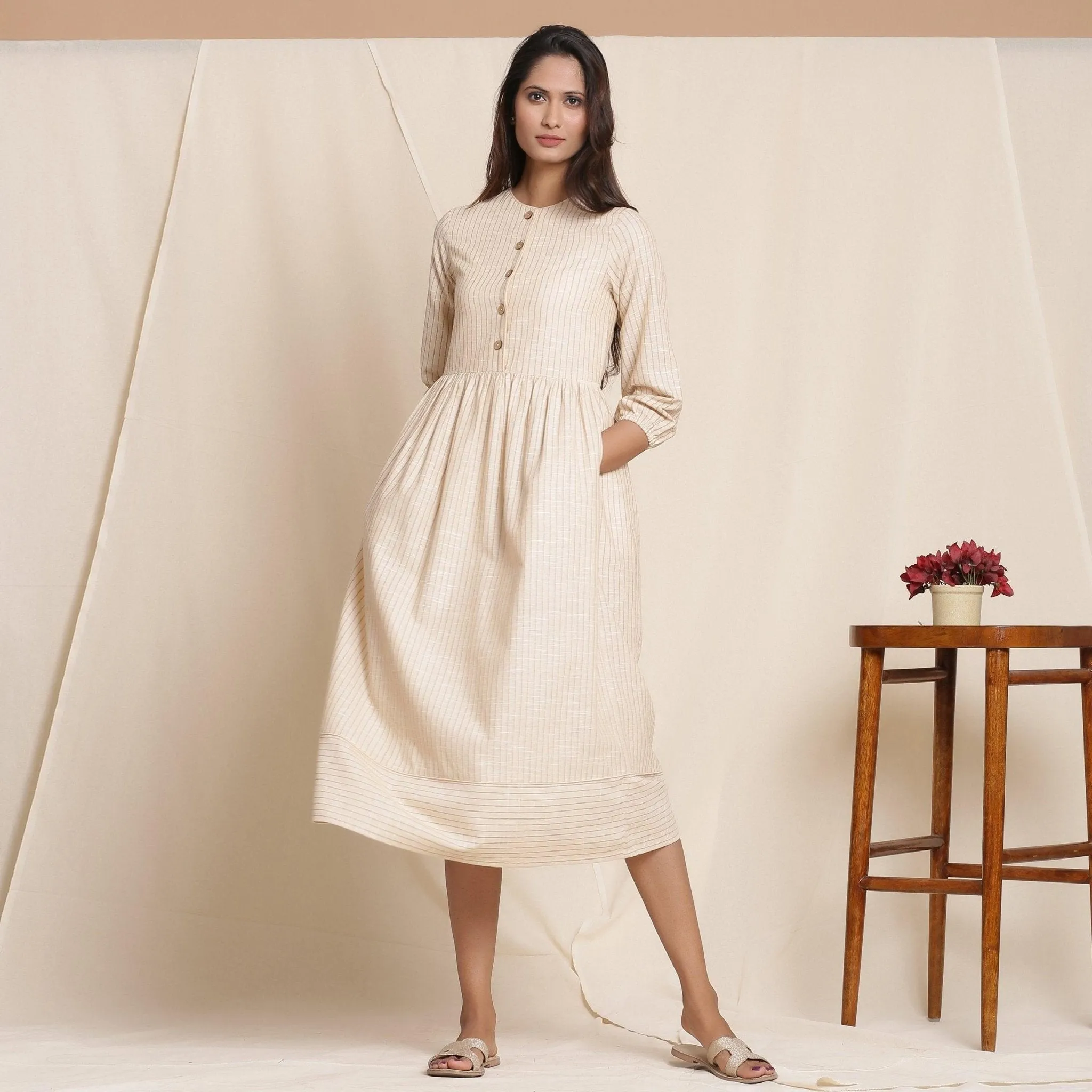 Dusk Beige Warm Cotton Striped Gathered Midi Dress