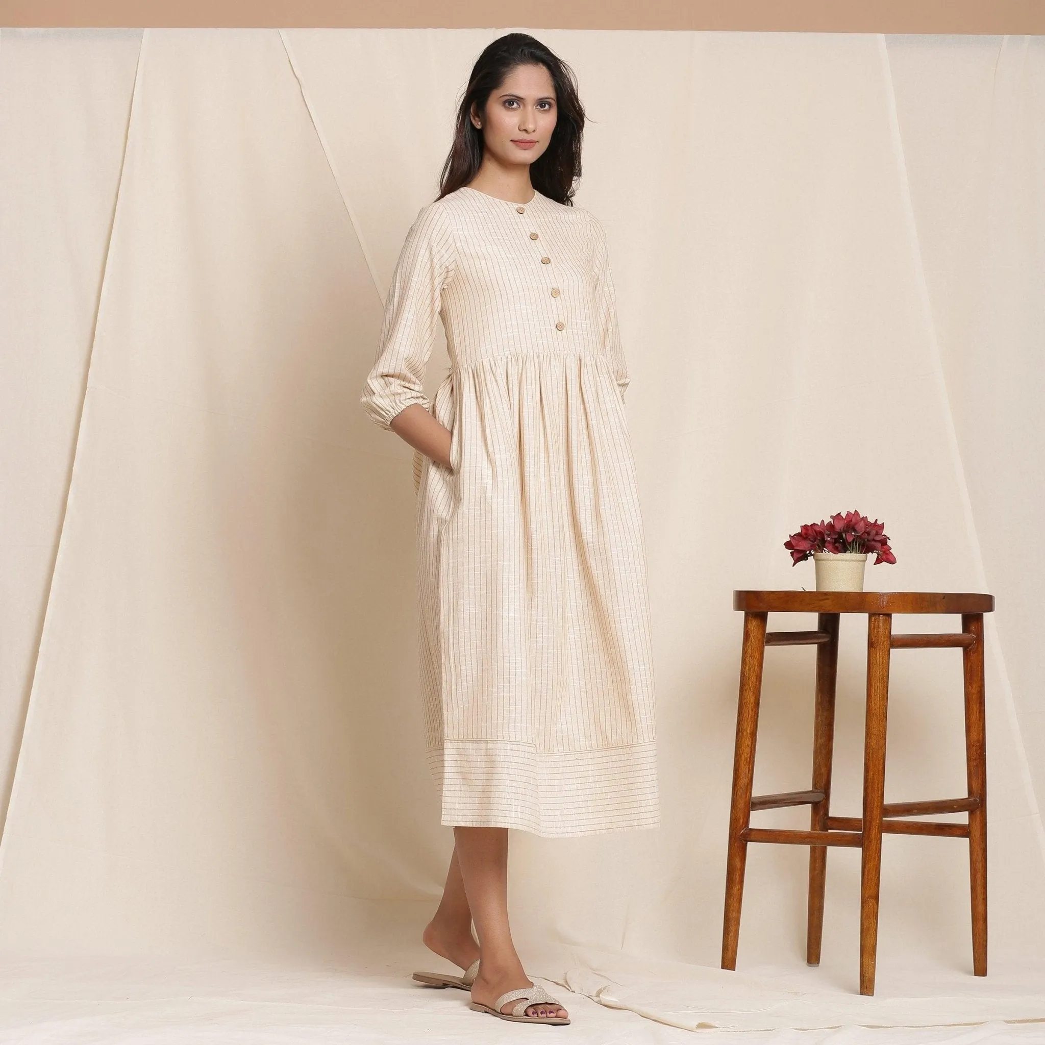 Dusk Beige Warm Cotton Striped Gathered Midi Dress