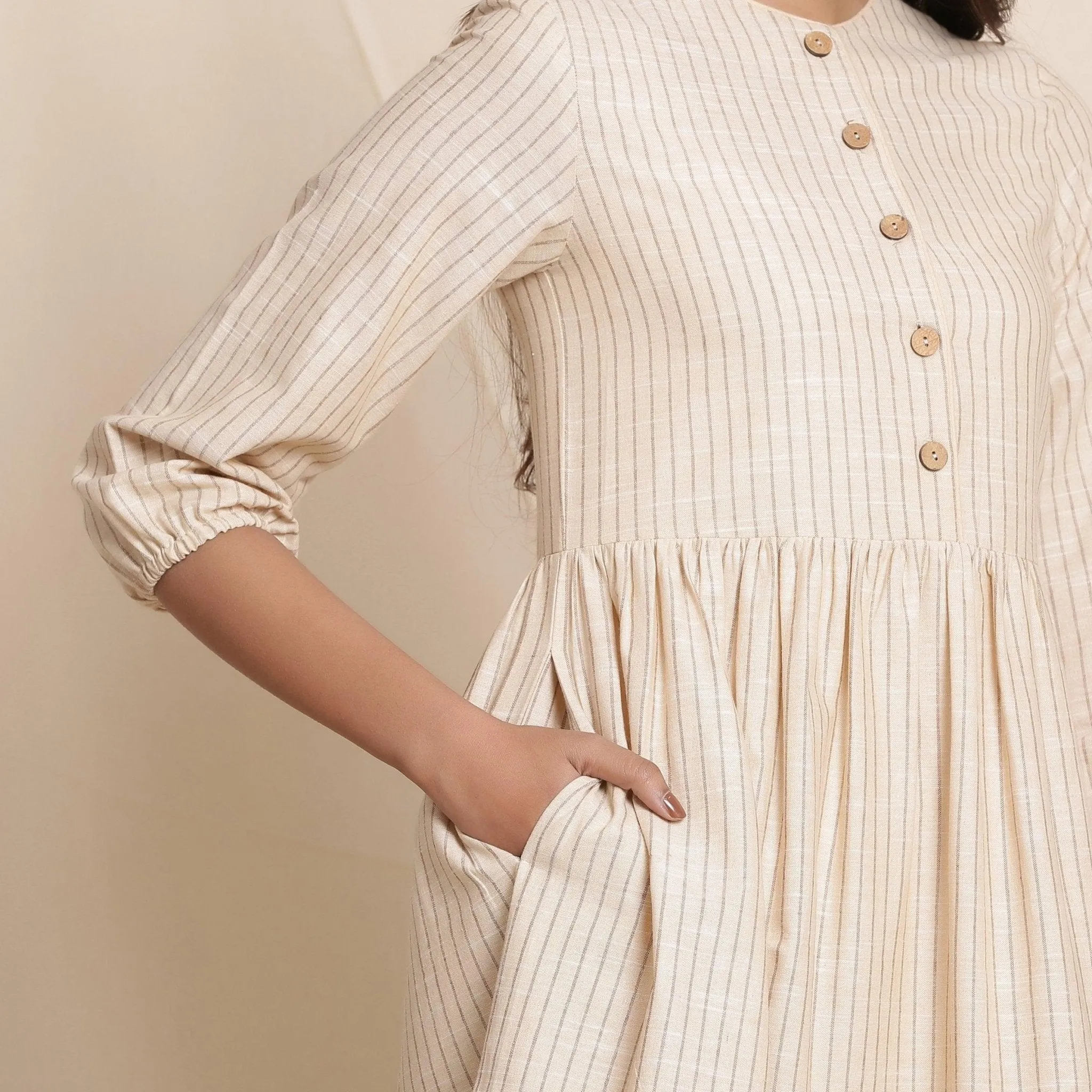 Dusk Beige Warm Cotton Striped Gathered Midi Dress