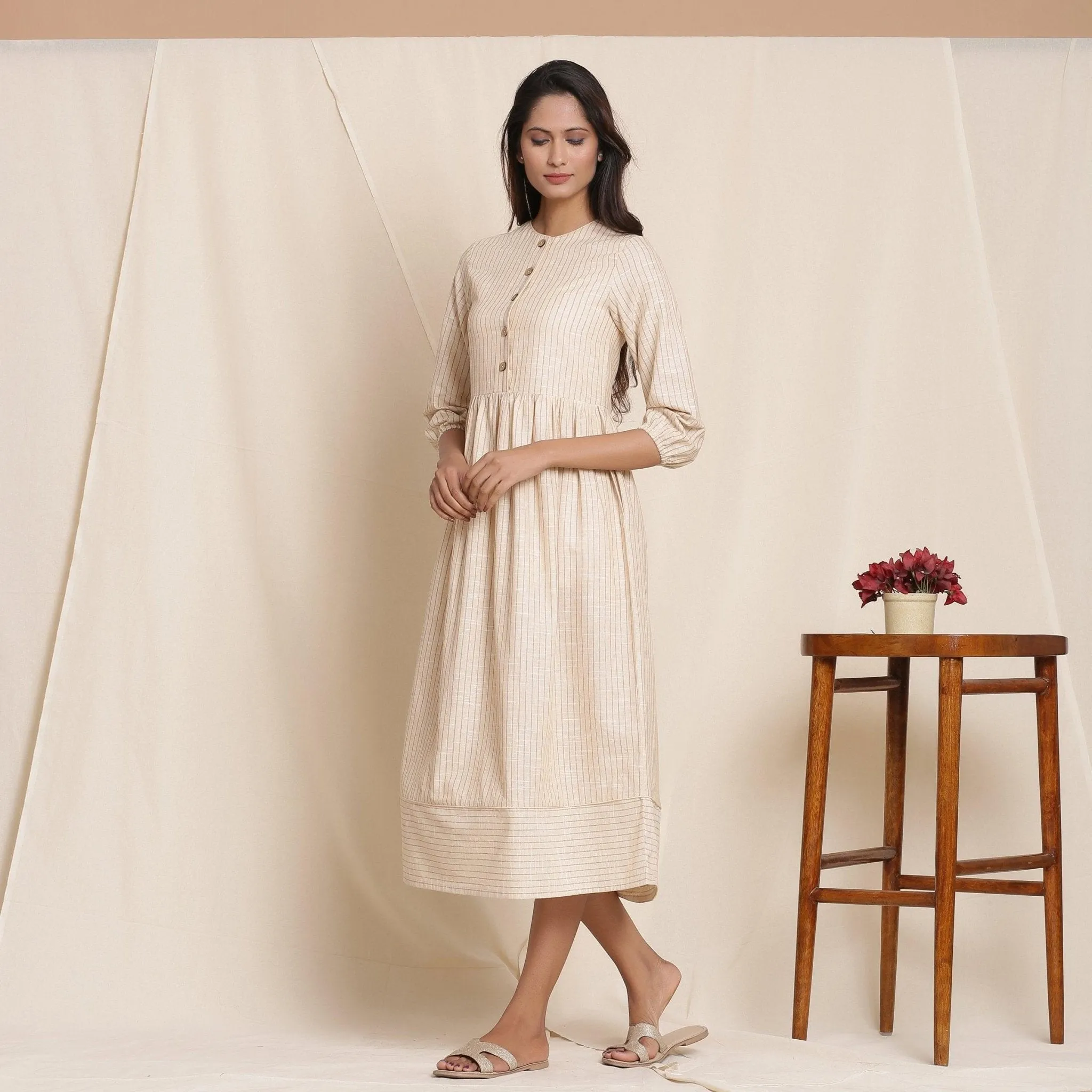 Dusk Beige Warm Cotton Striped Gathered Midi Dress