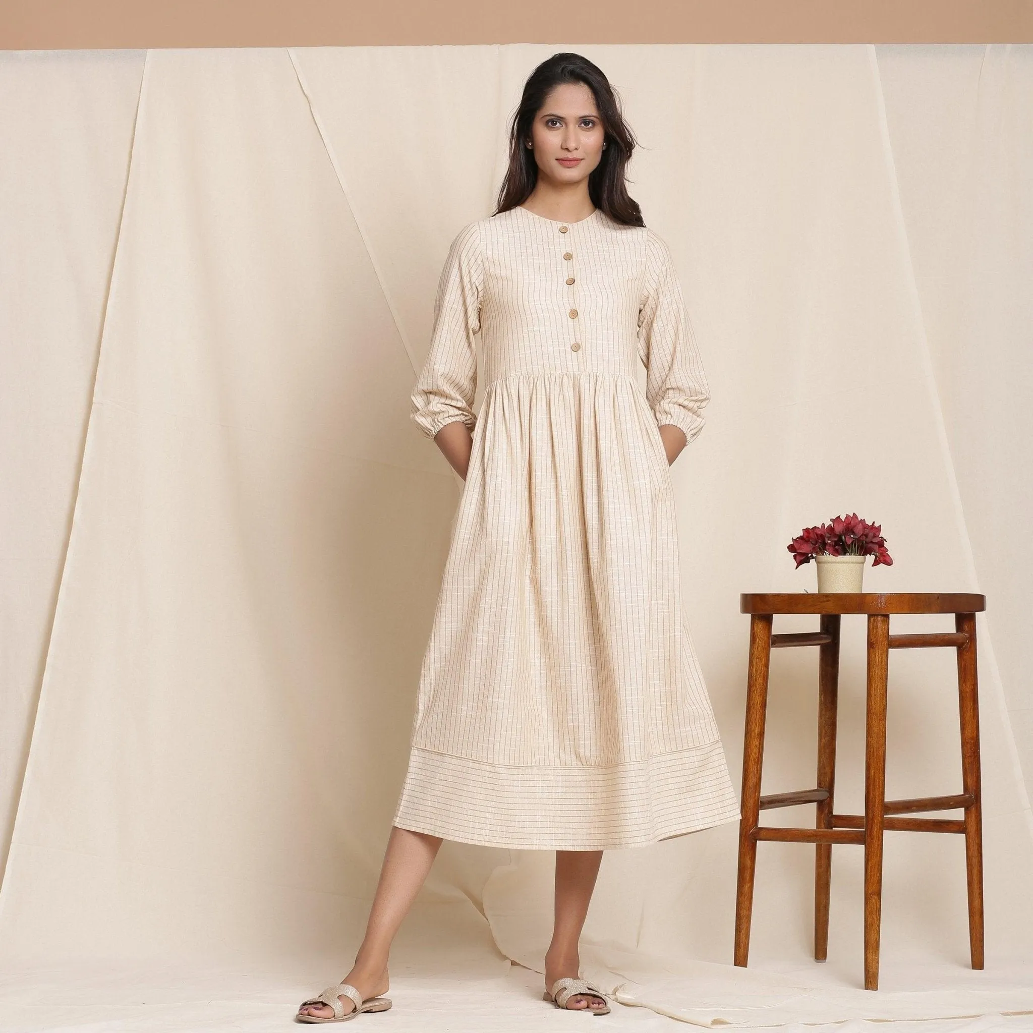 Dusk Beige Warm Cotton Striped Gathered Midi Dress