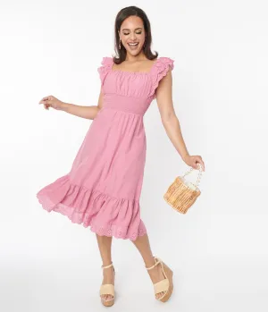 Dusty Rose Eyelet Ruffle Trim Midi Dress