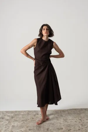 Eda Linen Midi Wrap Dress Brown Espresso