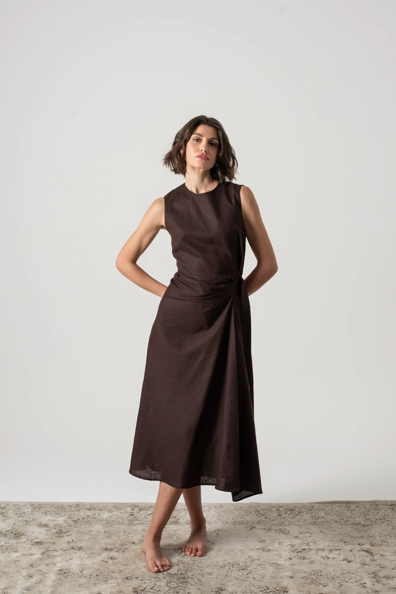 Eda Linen Midi Wrap Dress Brown Espresso