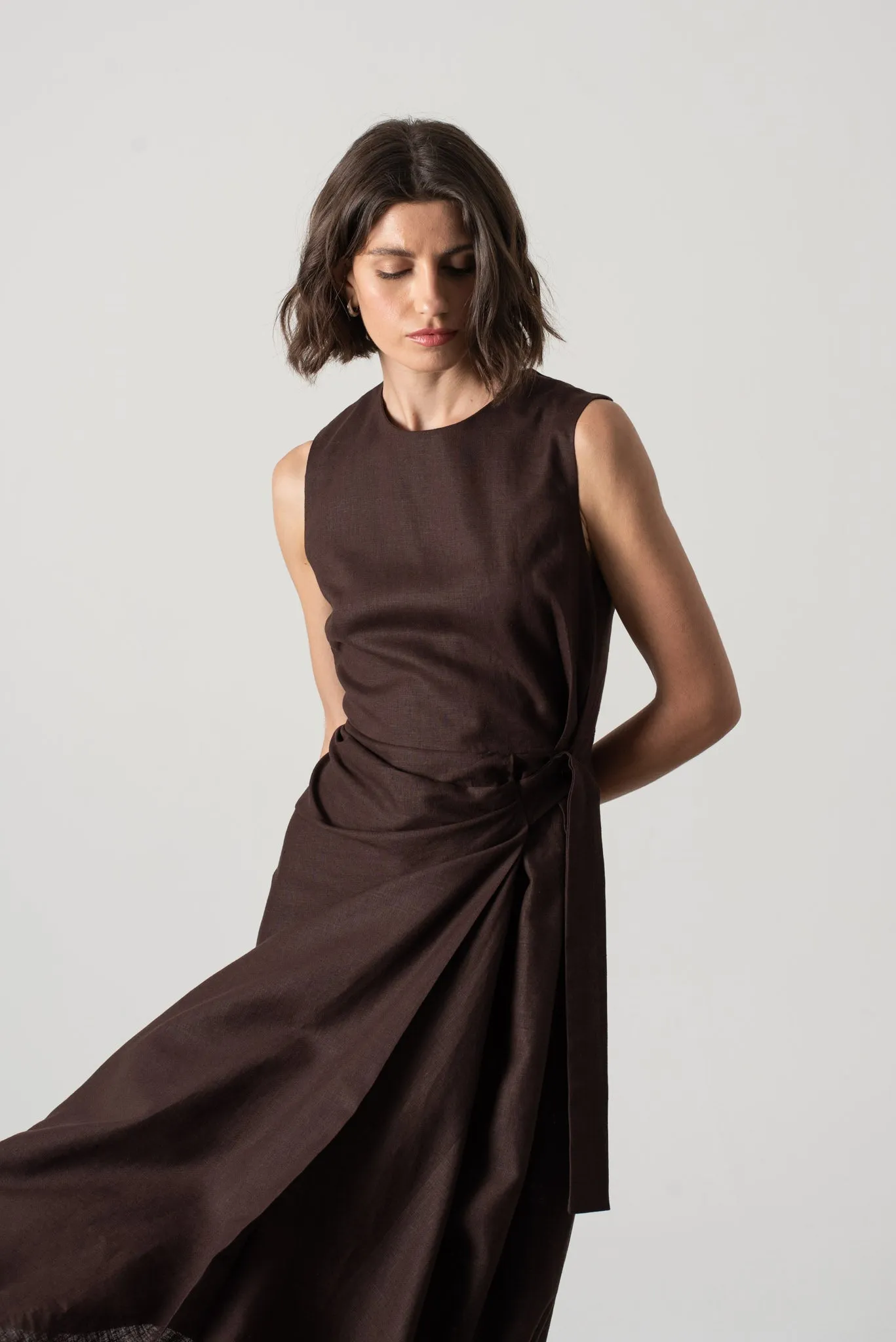 Eda Linen Midi Wrap Dress Brown Espresso