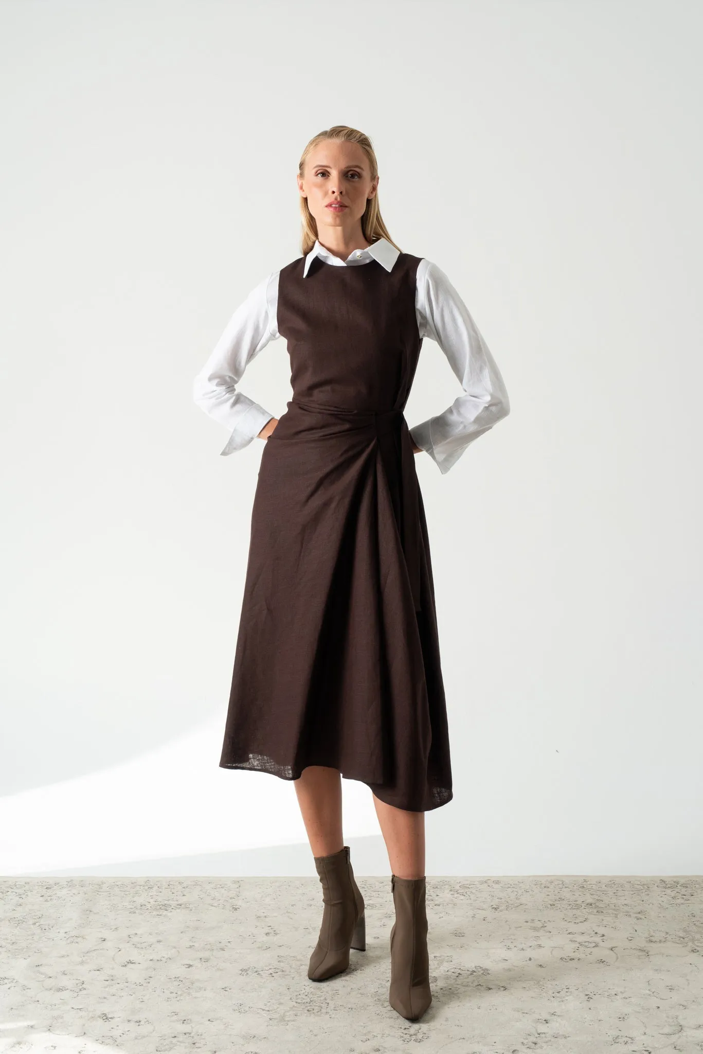 Eda Linen Midi Wrap Dress Brown Espresso