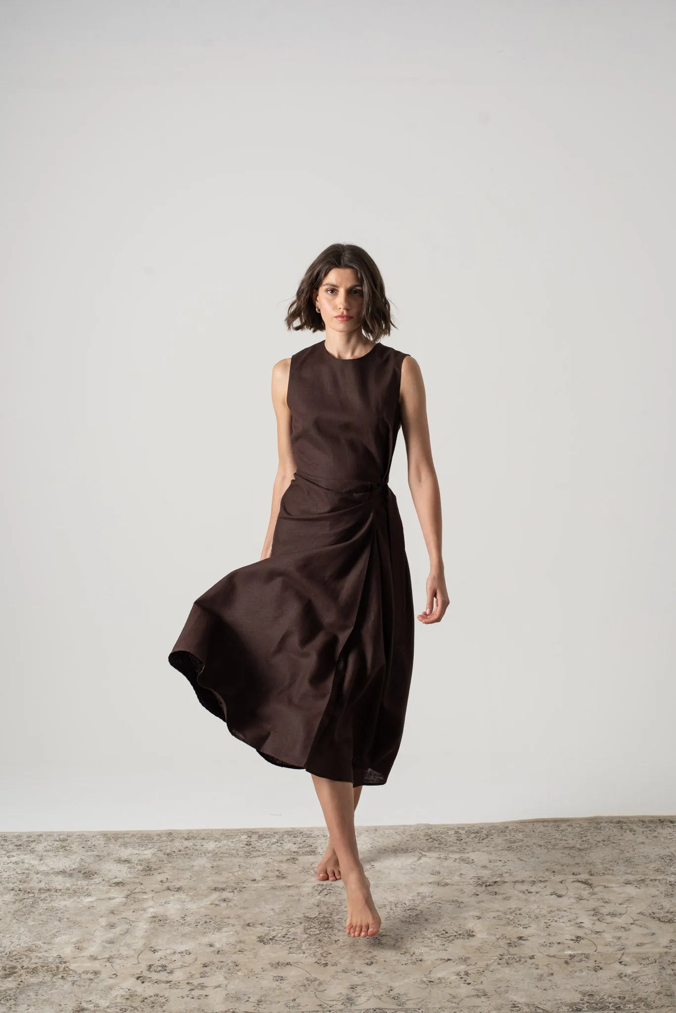 Eda Linen Midi Wrap Dress Brown Espresso