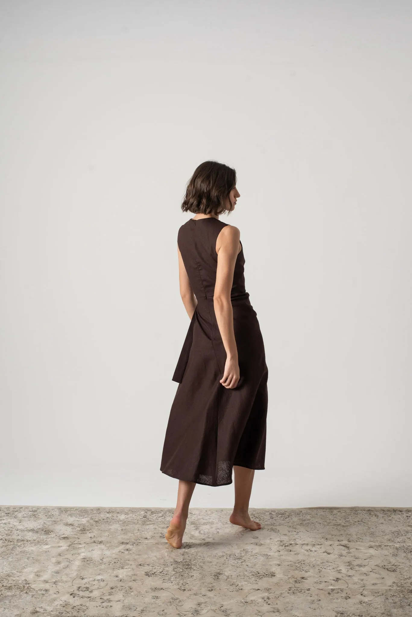 Eda Linen Midi Wrap Dress Brown Espresso