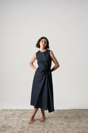 Eda Linen Midi Wrap Dress Navy