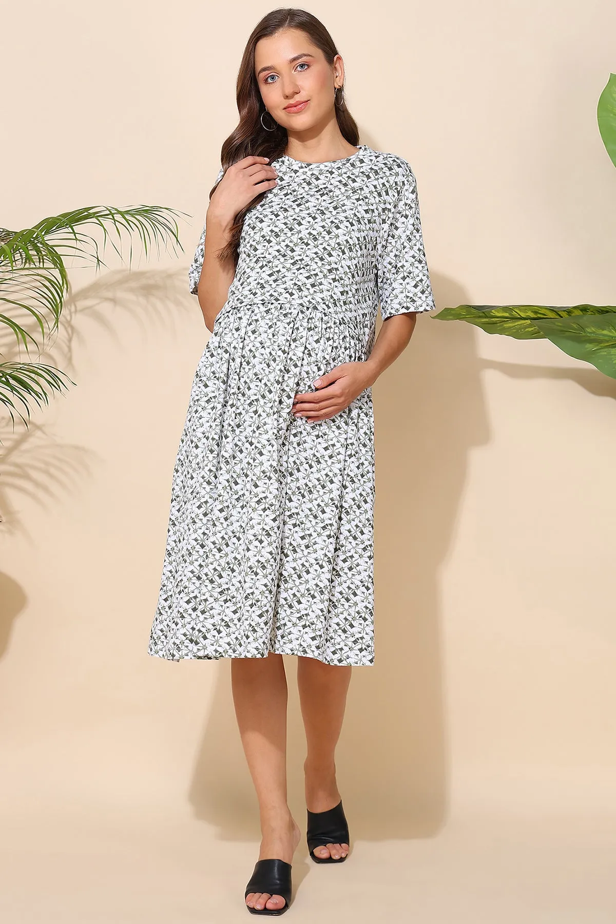 Emerald Geo 100% Soft Cotton Zipless Maternity Feeding Dress