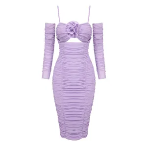 Feminine Spaghetti Strap Cutout Ruched Mesh Bodycon Rosette Midi Dress