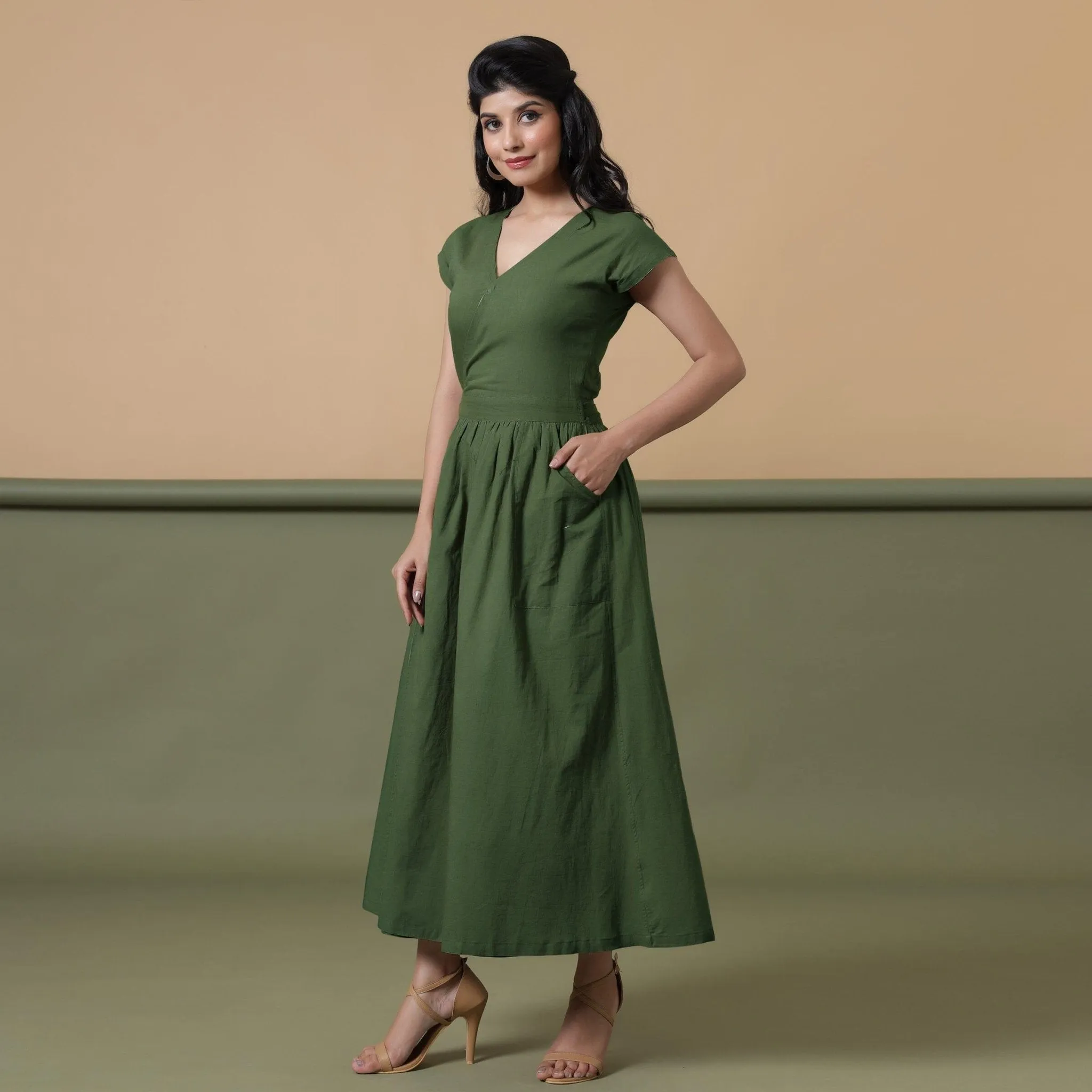 Forest Green Cotton V-Neck Maxi Wrap Dress