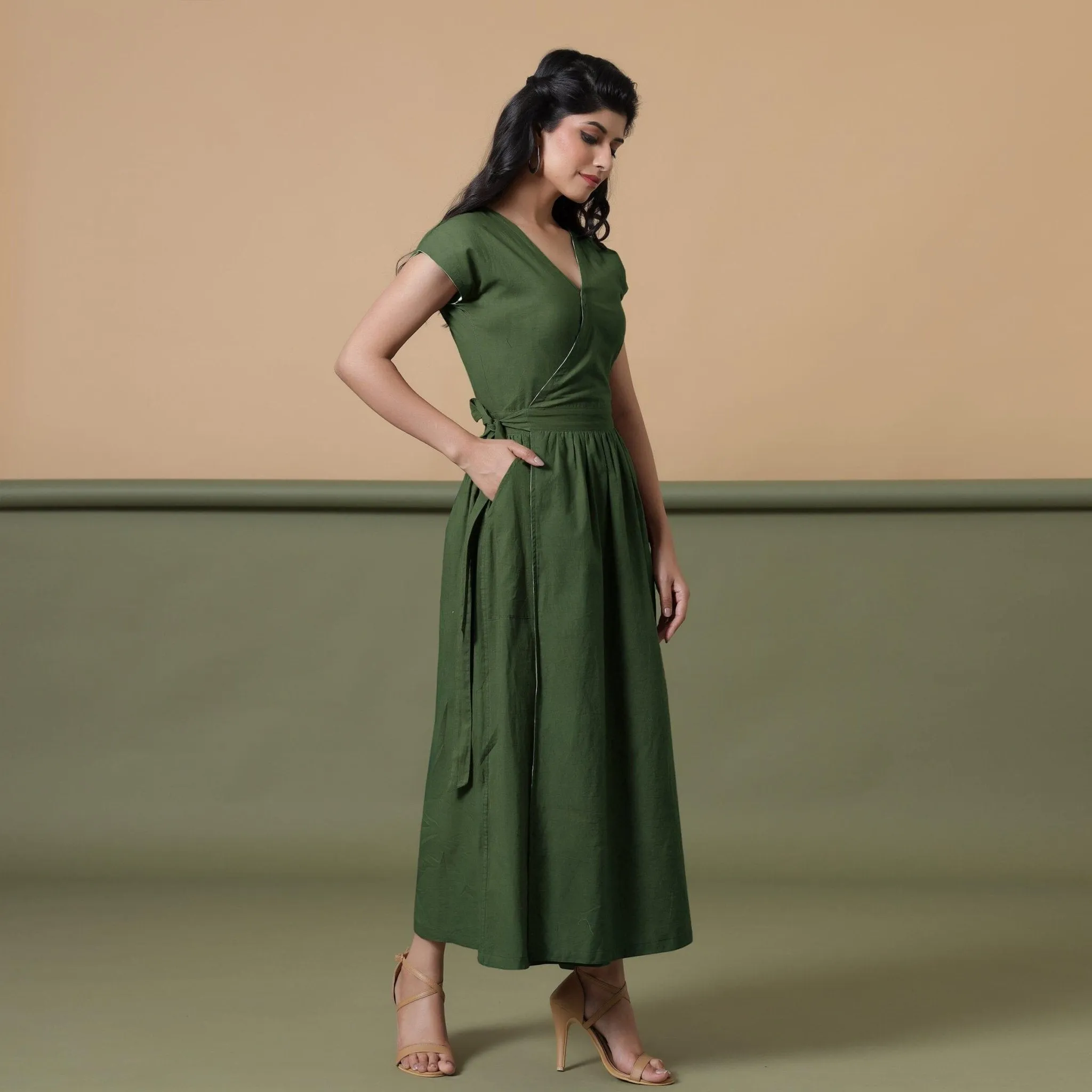 Forest Green Cotton V-Neck Maxi Wrap Dress