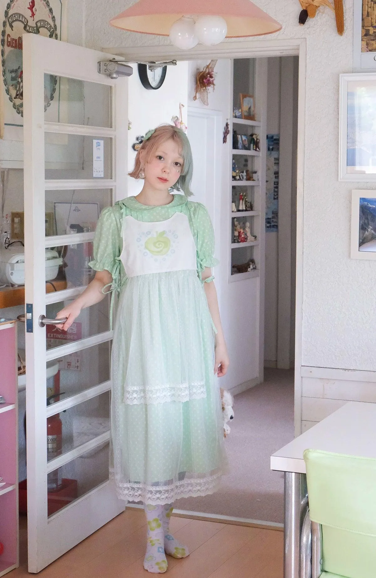 Frufru Mint Green Puff Sleeve Dress - Girls' Summer Lace-Trim Cotton Nightgown