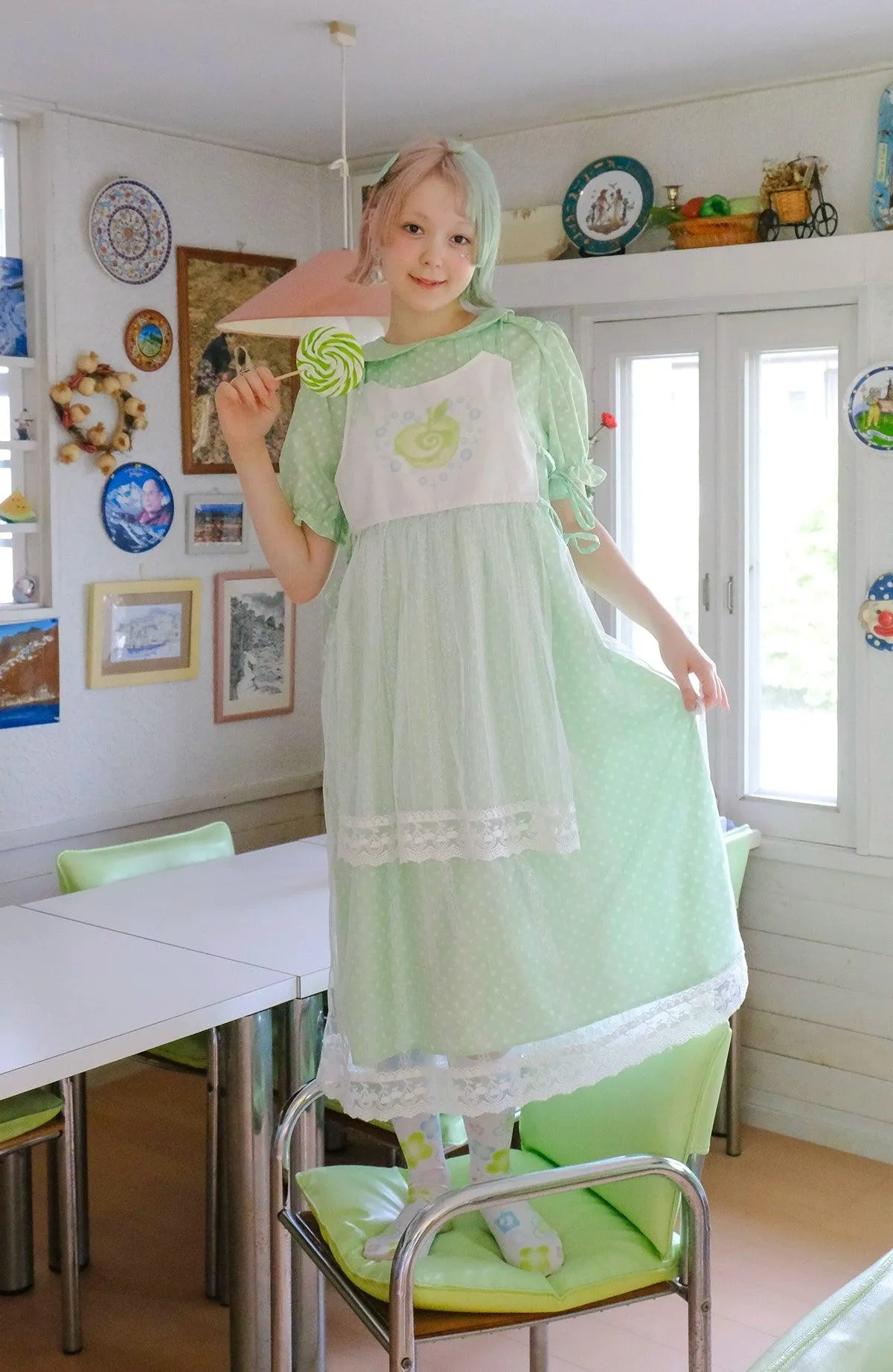 Frufru Mint Green Puff Sleeve Dress - Girls' Summer Lace-Trim Cotton Nightgown