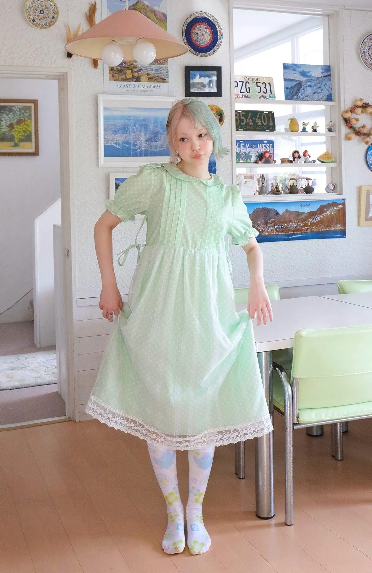 Frufru Mint Green Puff Sleeve Dress - Girls' Summer Lace-Trim Cotton Nightgown