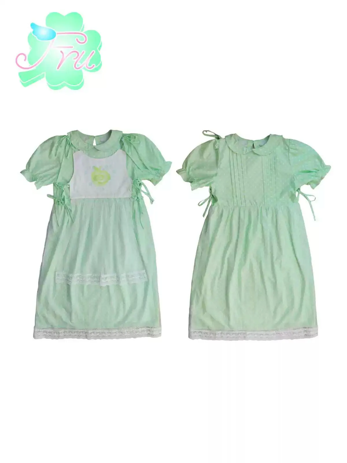 Frufru Mint Green Puff Sleeve Dress - Girls' Summer Lace-Trim Cotton Nightgown