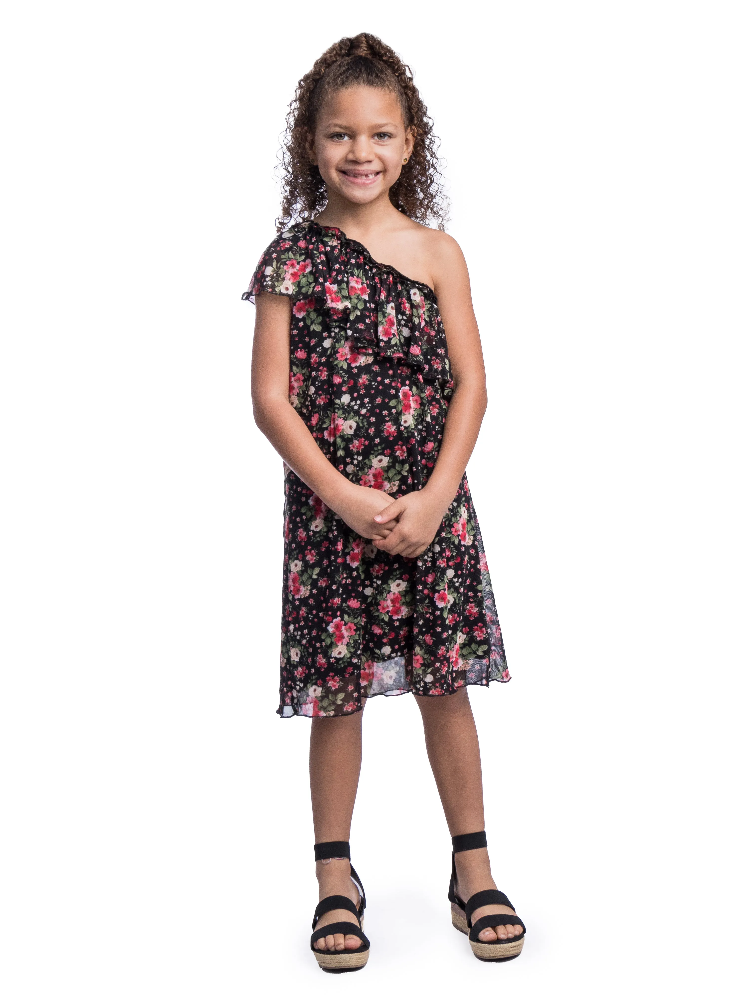 Girls Black Floral One Shoulder Ruffle Knee Length Dress