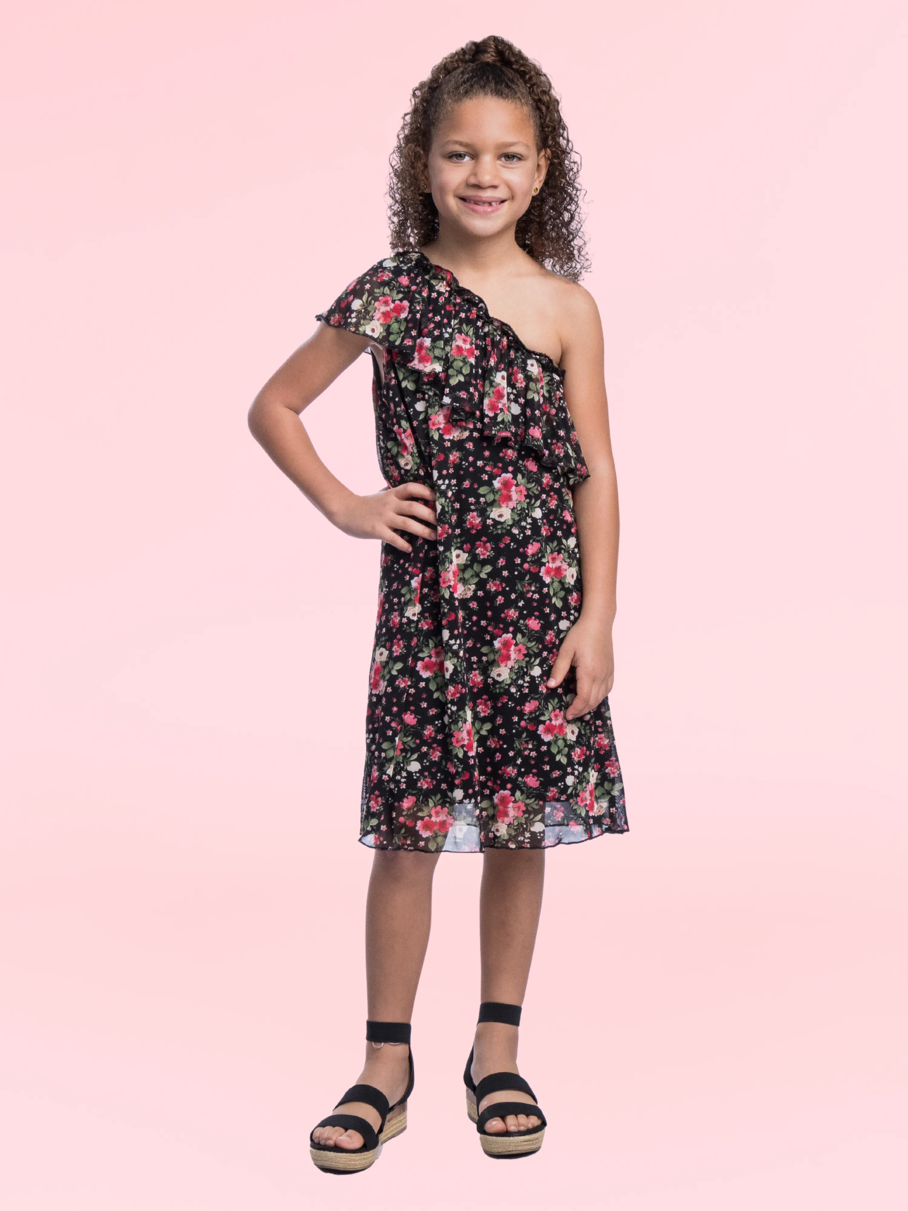 Girls Black Floral One Shoulder Ruffle Knee Length Dress