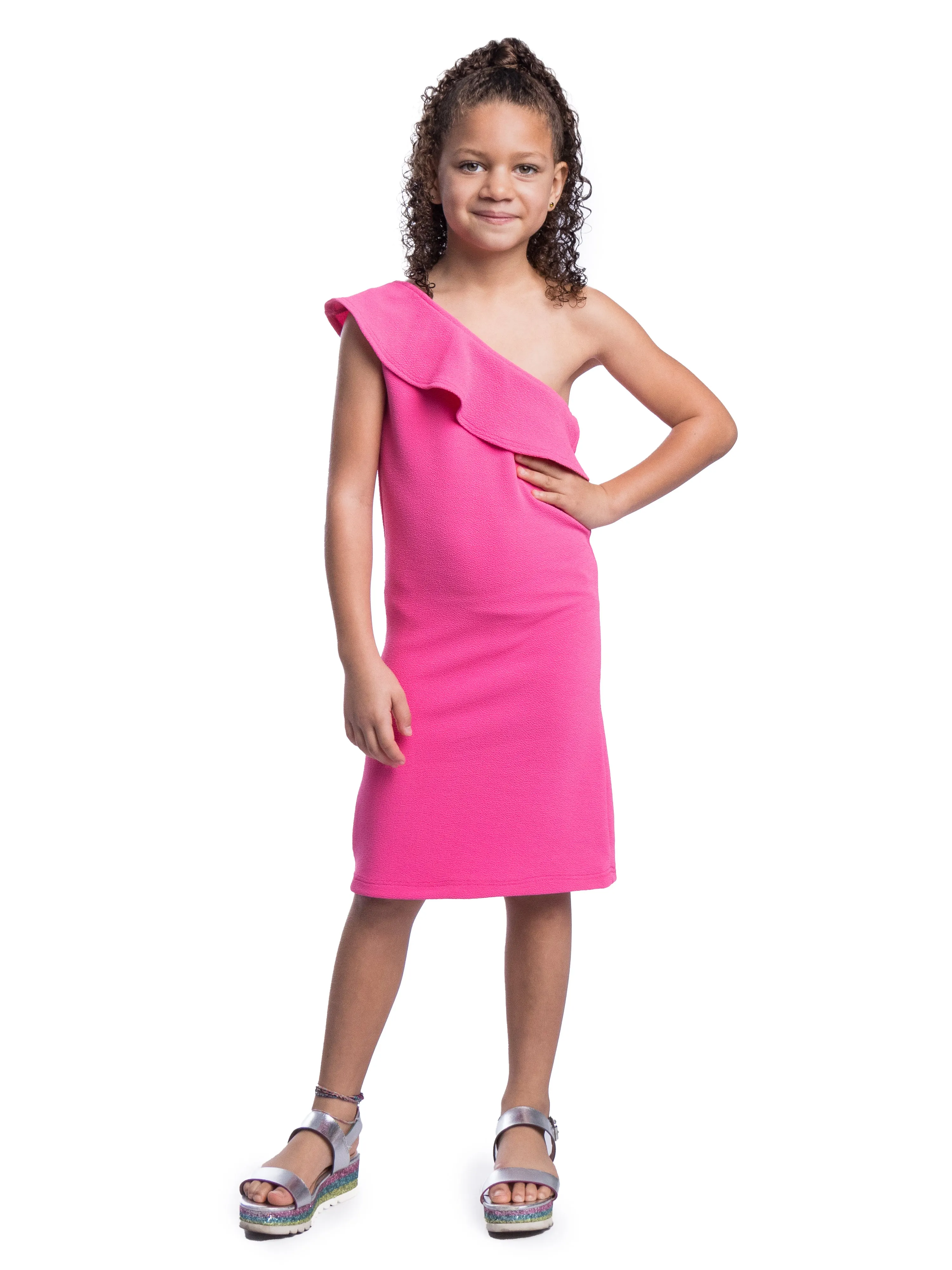 Girls Solid Color One Shoulder Ruffle Knee Length Dress