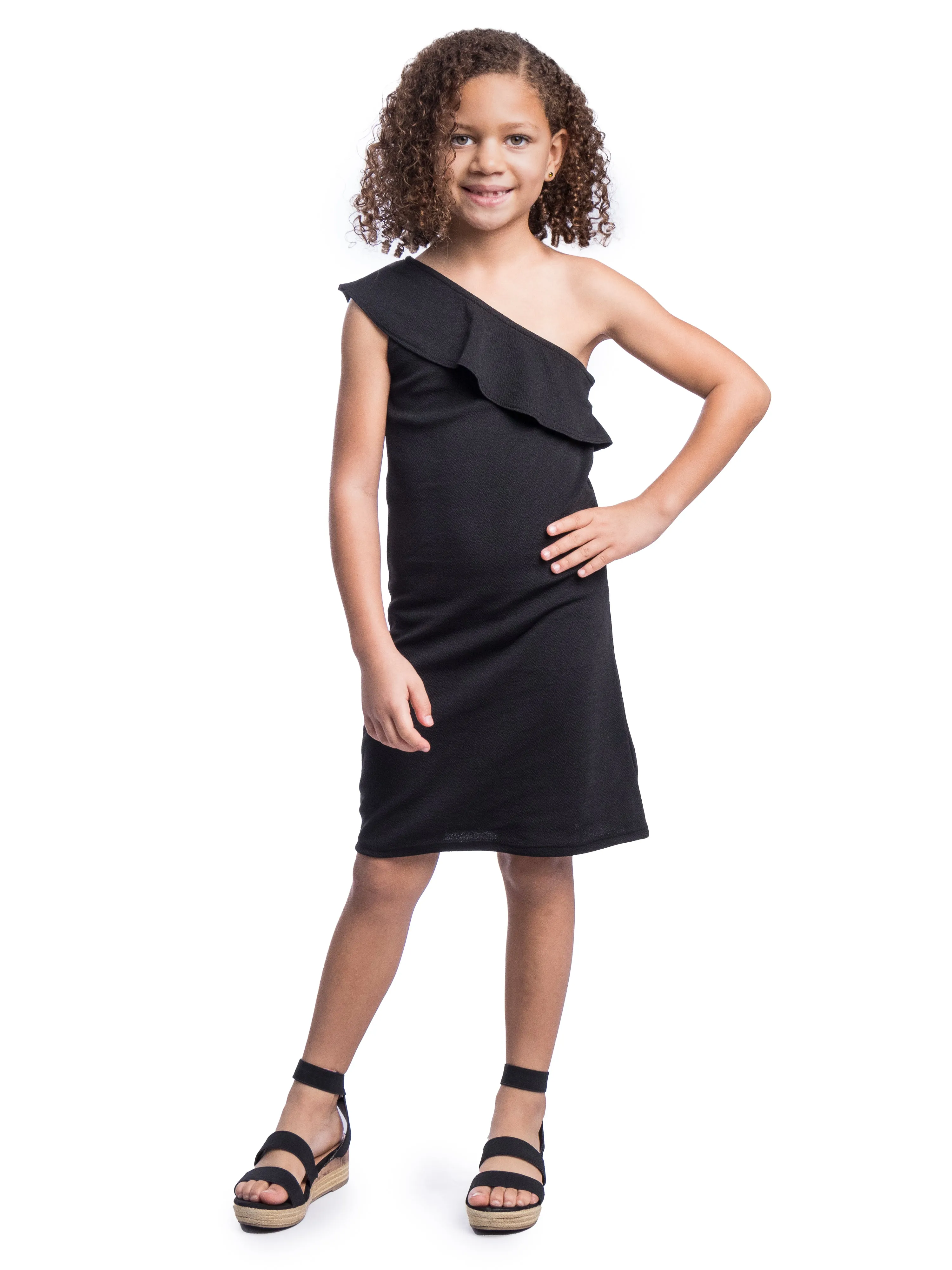 Girls Solid Color One Shoulder Ruffle Knee Length Dress