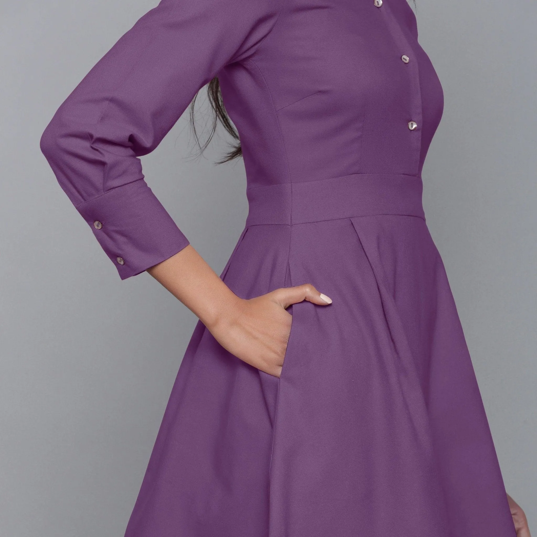 Grape Wine Warm Cotton Flannel Collared Short Dress